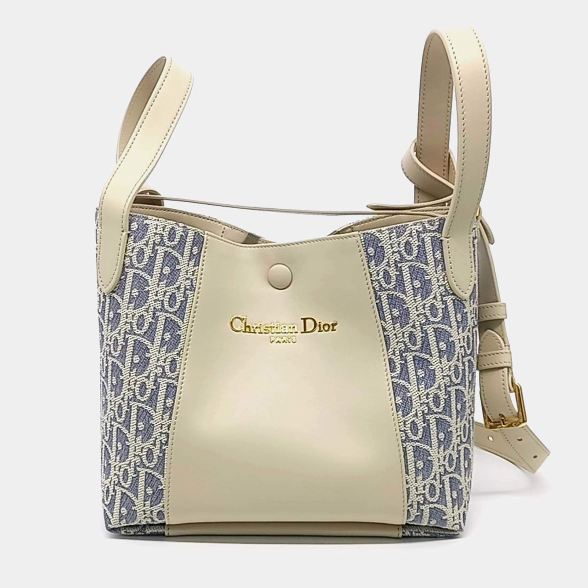 Pre Owned Dior Beige/Blue Calf Leather Cotton Signature Bucket Bag