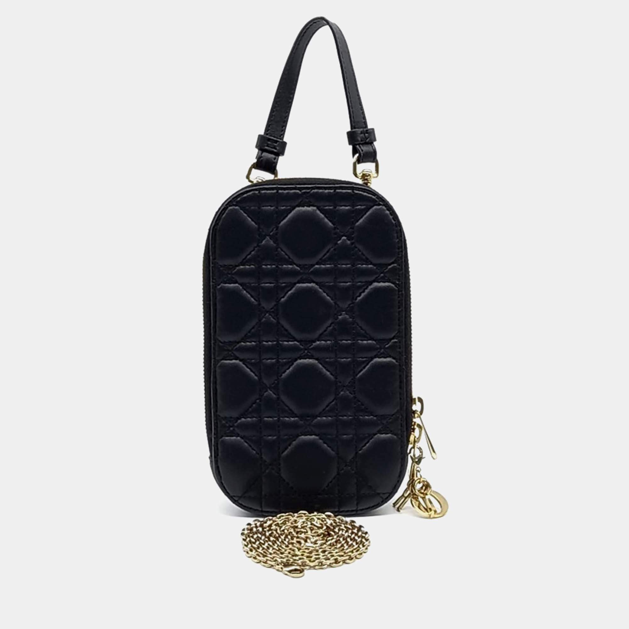 Pre Owned Dior Black Leather 30 Montaigne Oblique Phone Holder Mini Crossbody Bag