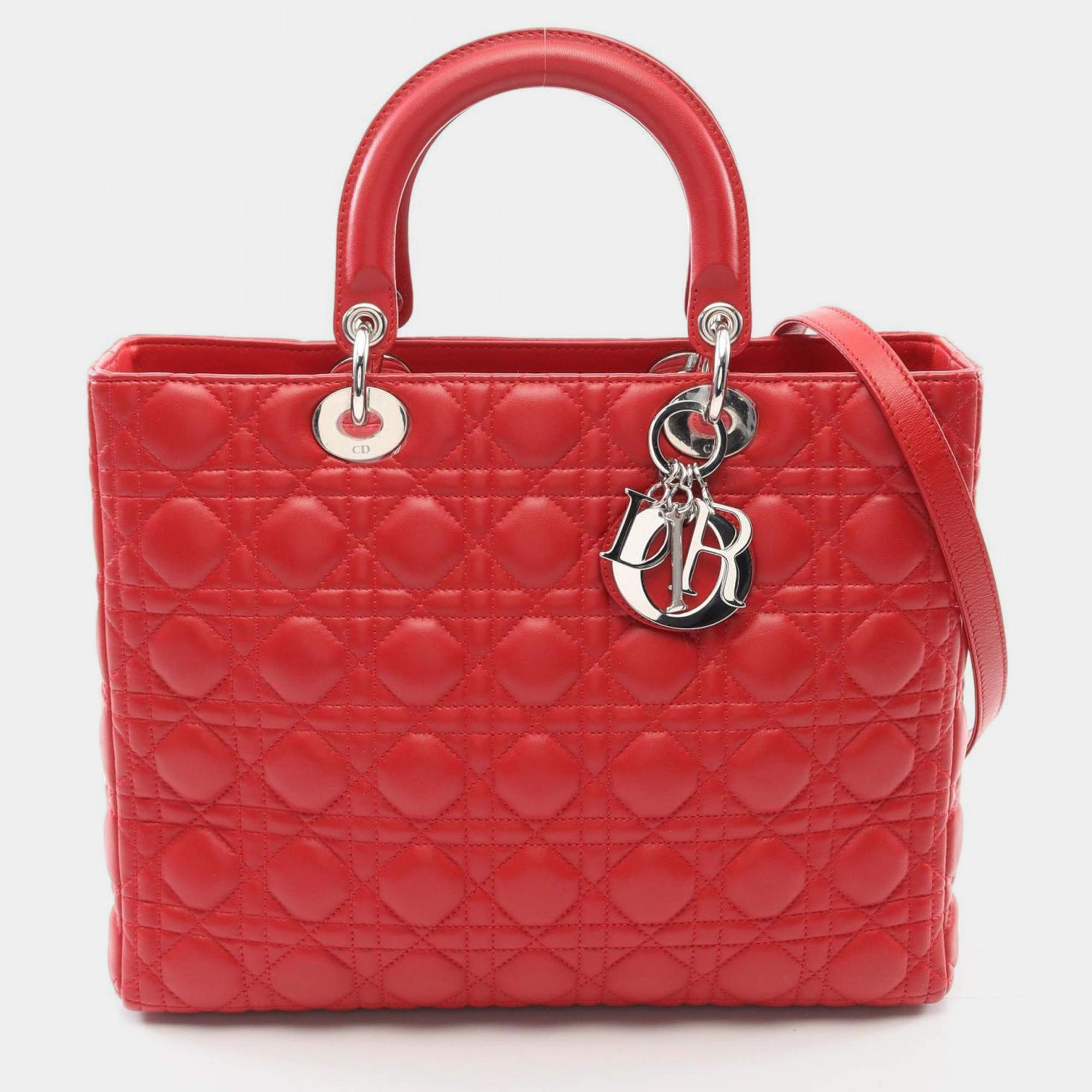 Pre Owned Dior Lady Dior Large Red Leather Tote Bag