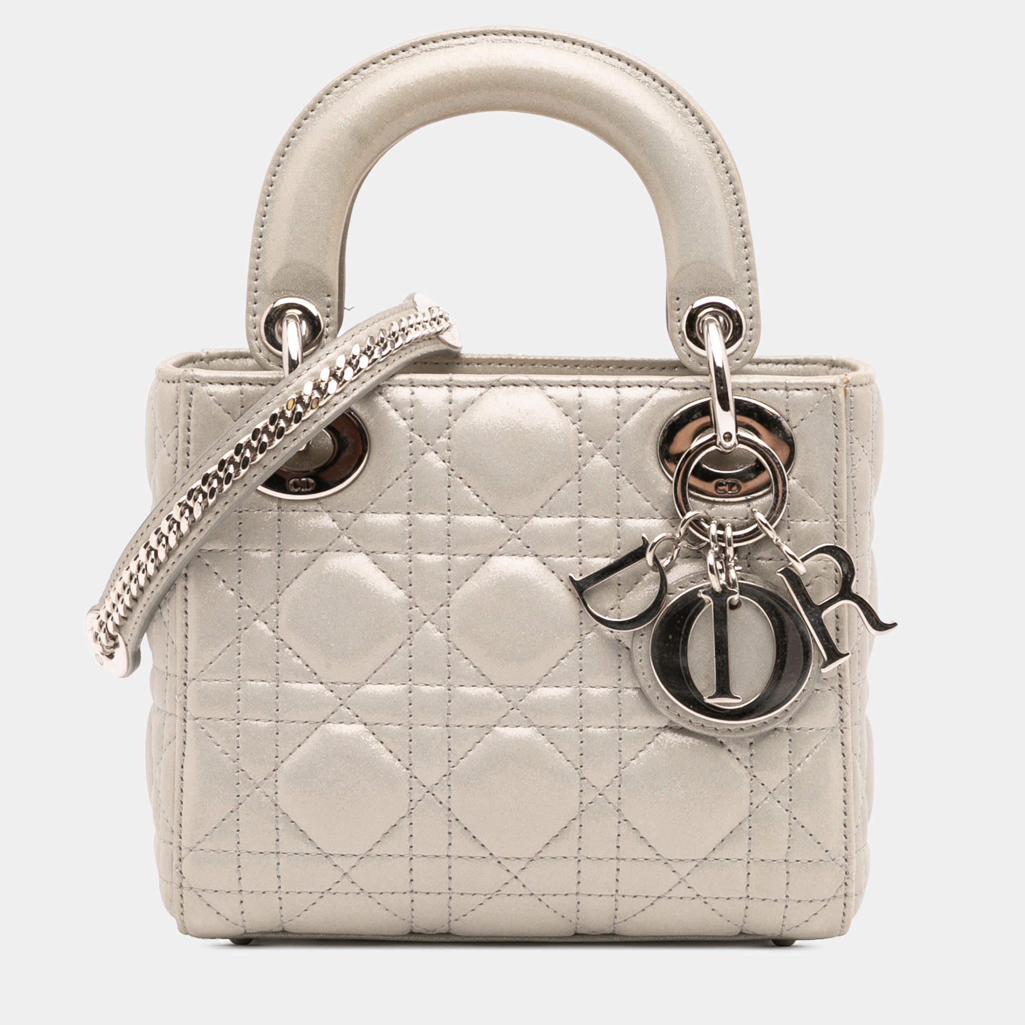 Pre Owned Dior Silver Mini Iridescent Lambskin Cannage Lady Dior