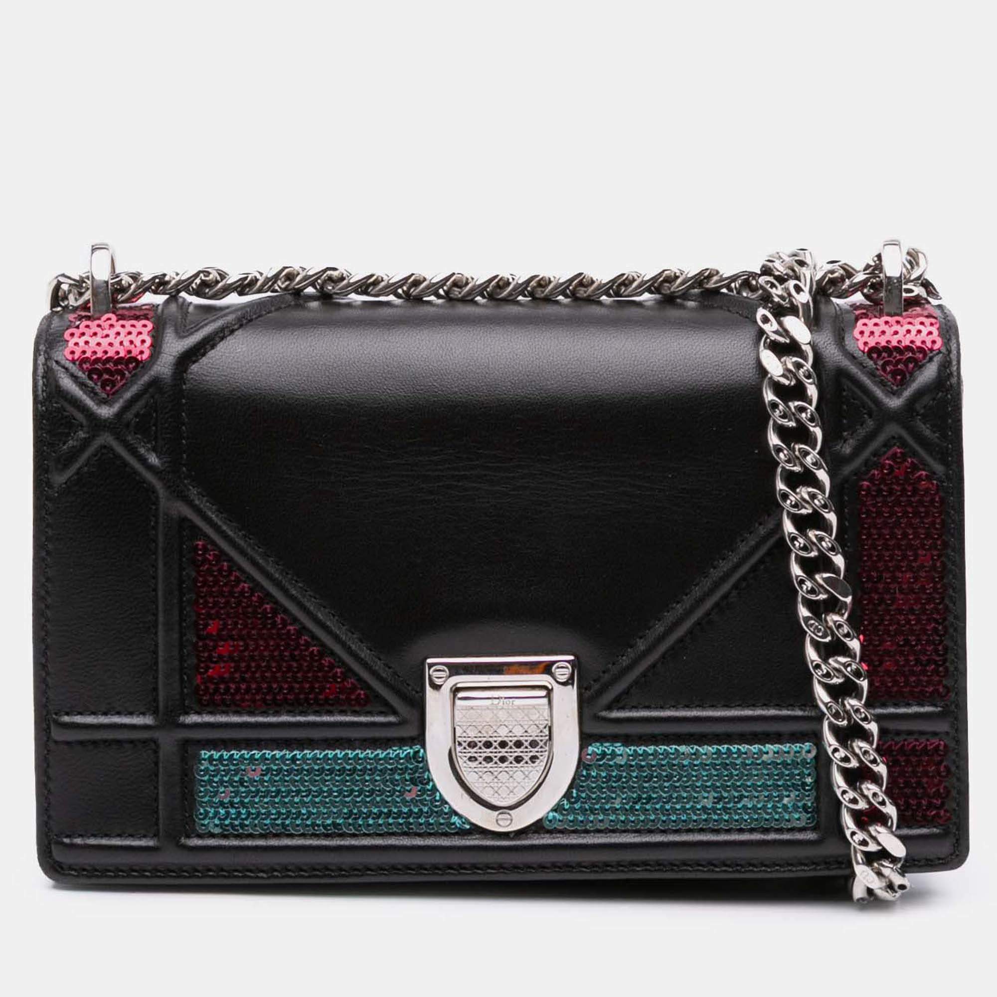 Pre Owned Dior Black Mini Lambskin Sequin Diorama Flap