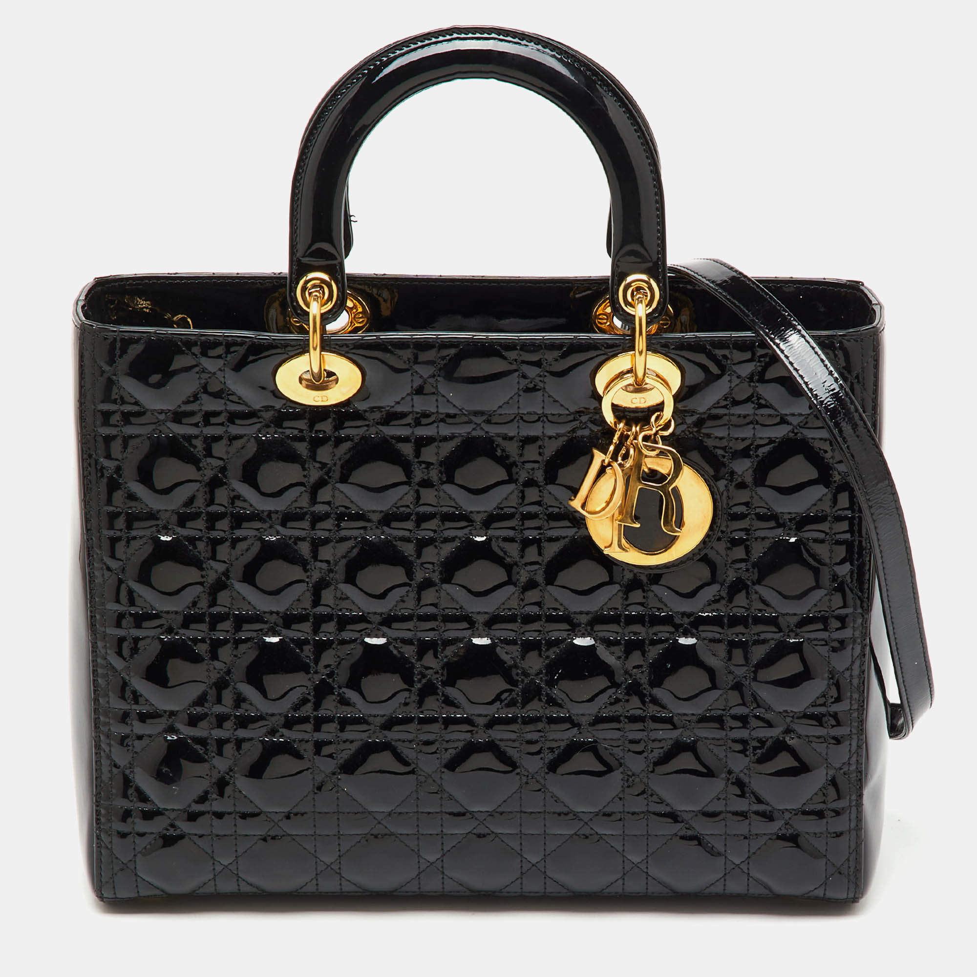 Pre Owned Dior Black Cannage Patent Leather Large Lady Dior Tote