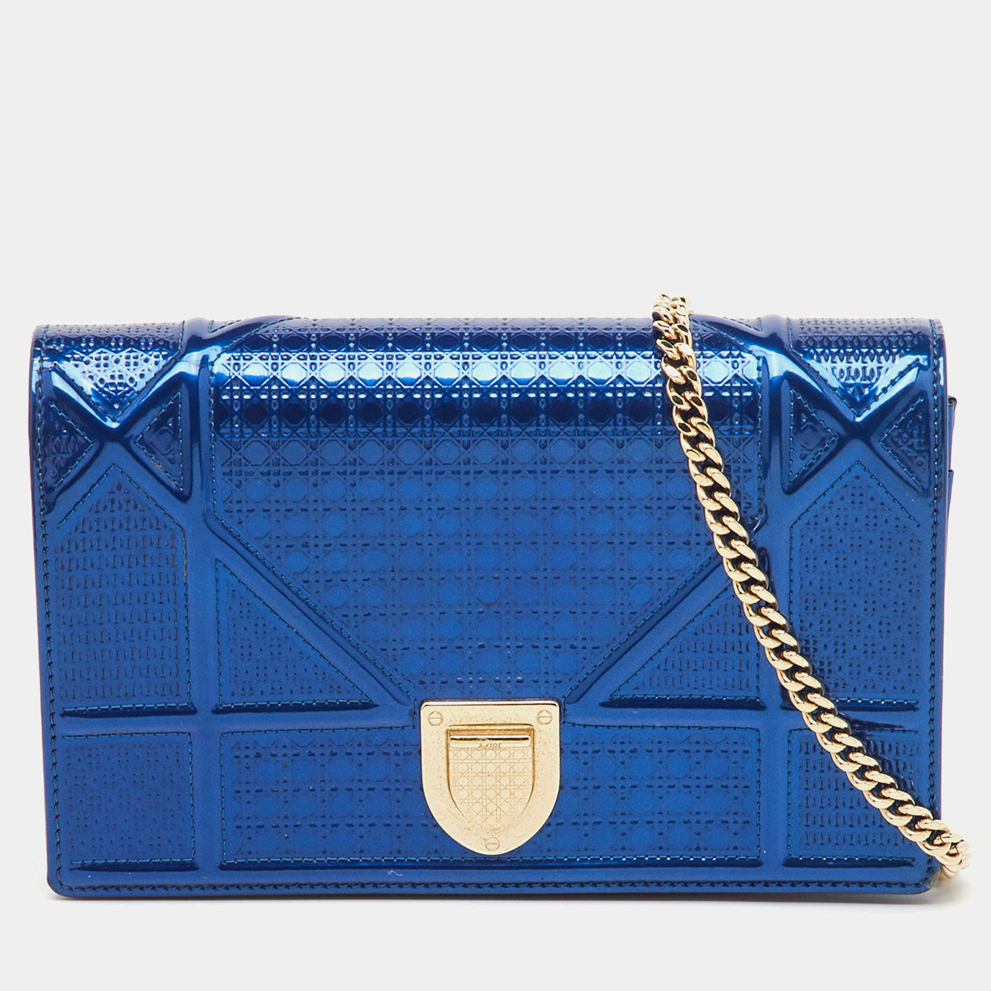 Pre Owned Dior Metallic Blue Micro Cannage Patent Leather Diorama Wallet on Chain
