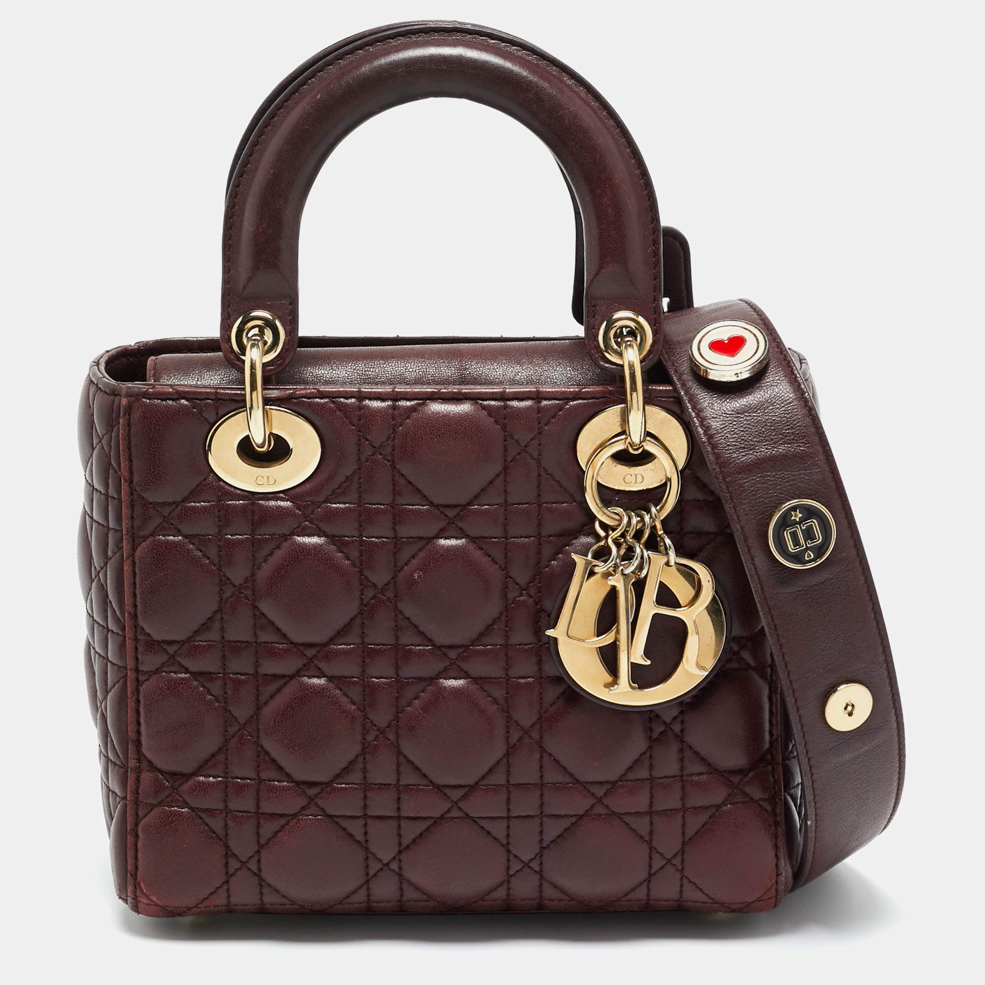 Pre Owned Dior Burgundy Cannage Leather Small Lady Dior My ABCDior Tote