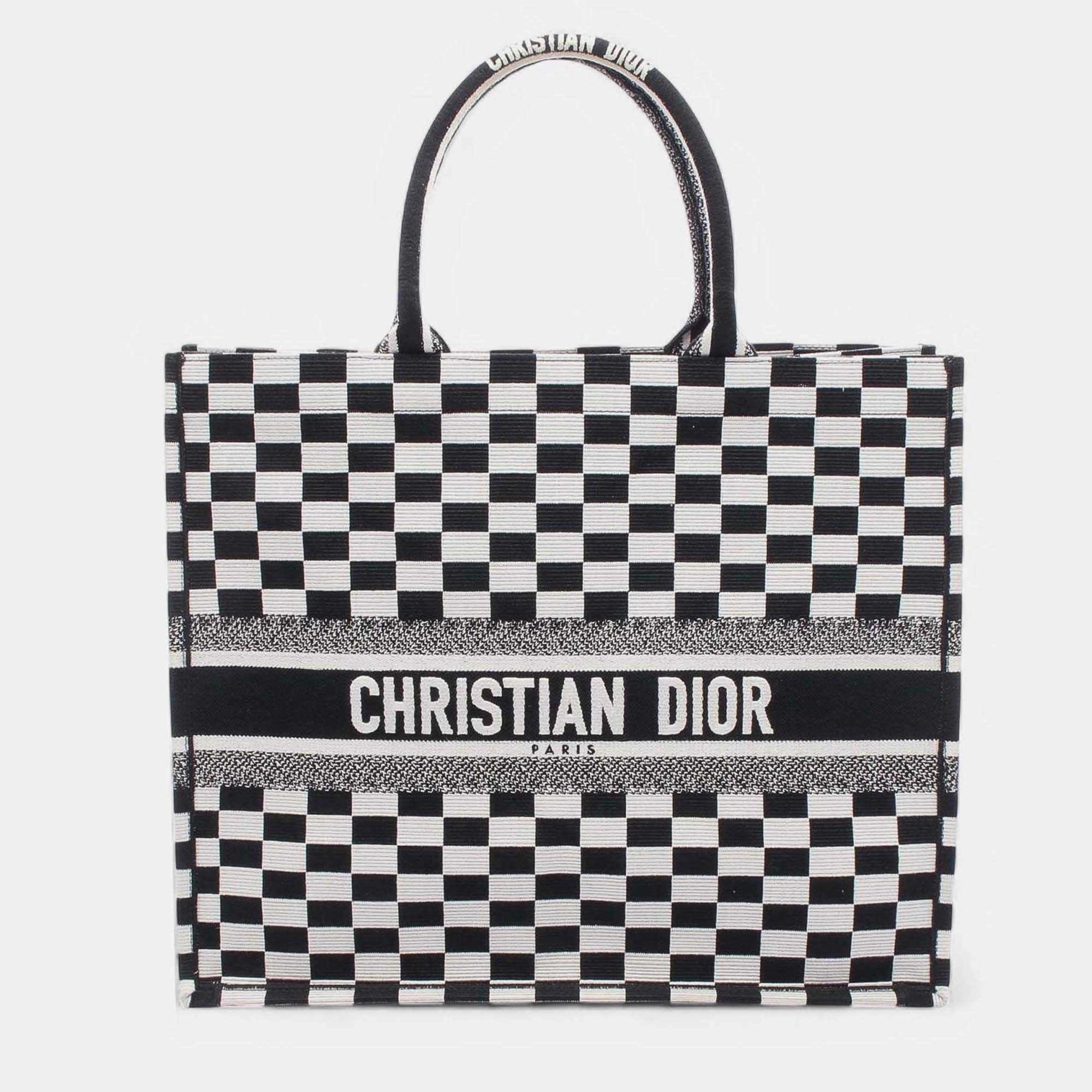 Pre Owned Dior Black White Large Embroidered Canvas Checkered Book Tote