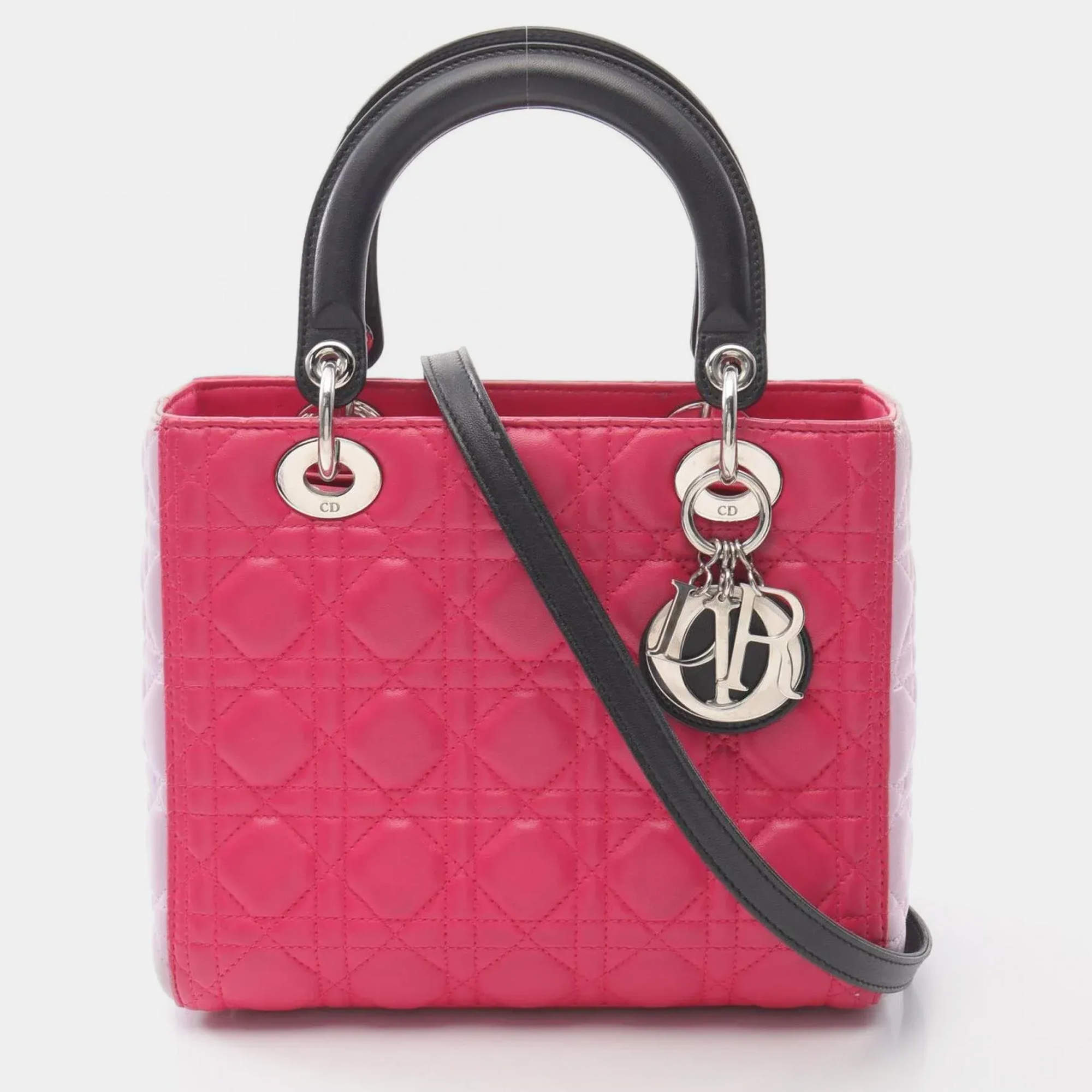 Pre Owned حقيبة ديور ليدي كنّاج جلد وردية بنفسجية سوداء