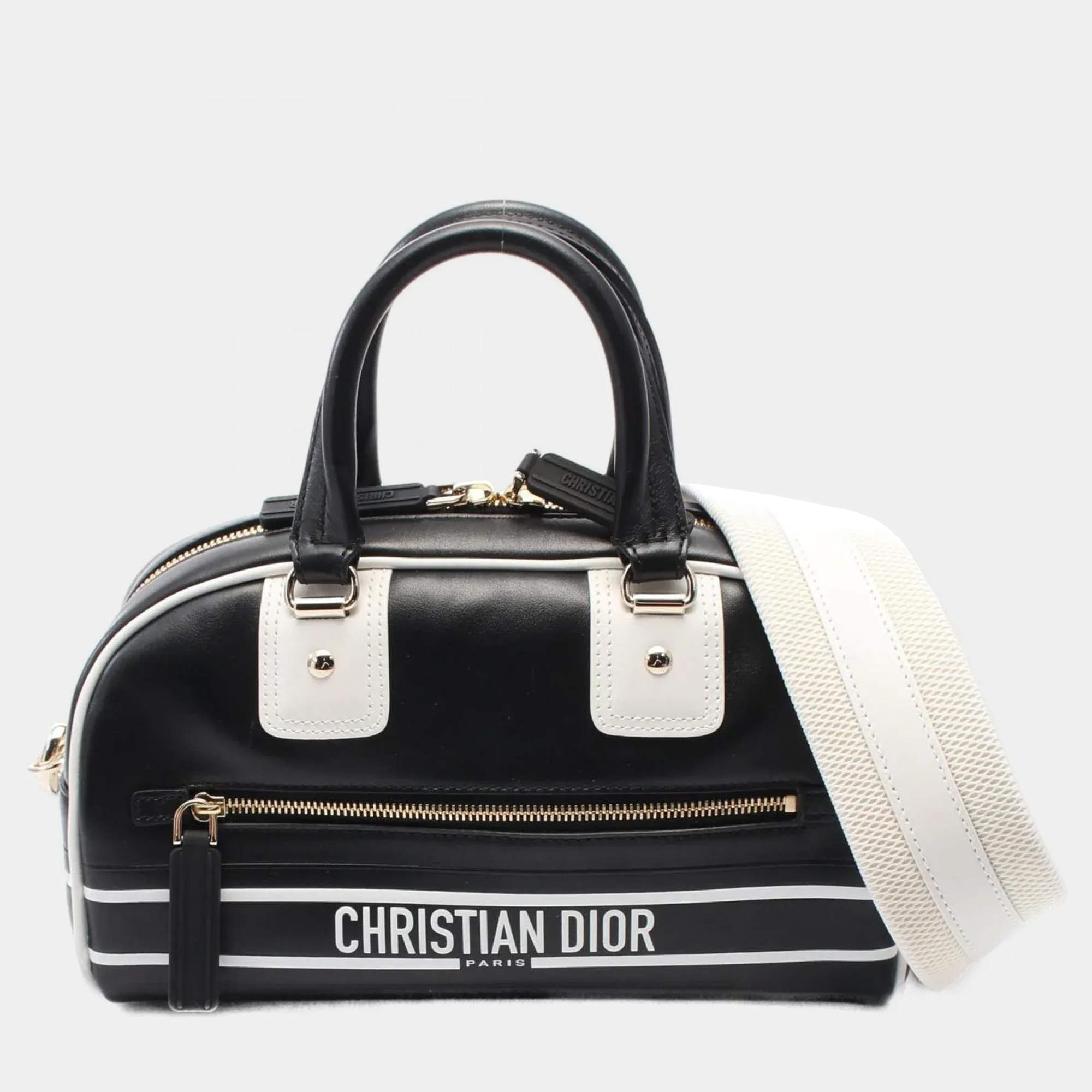 Pre Owned Christian Dior Dior Vibe Small Handbag Leather Black White