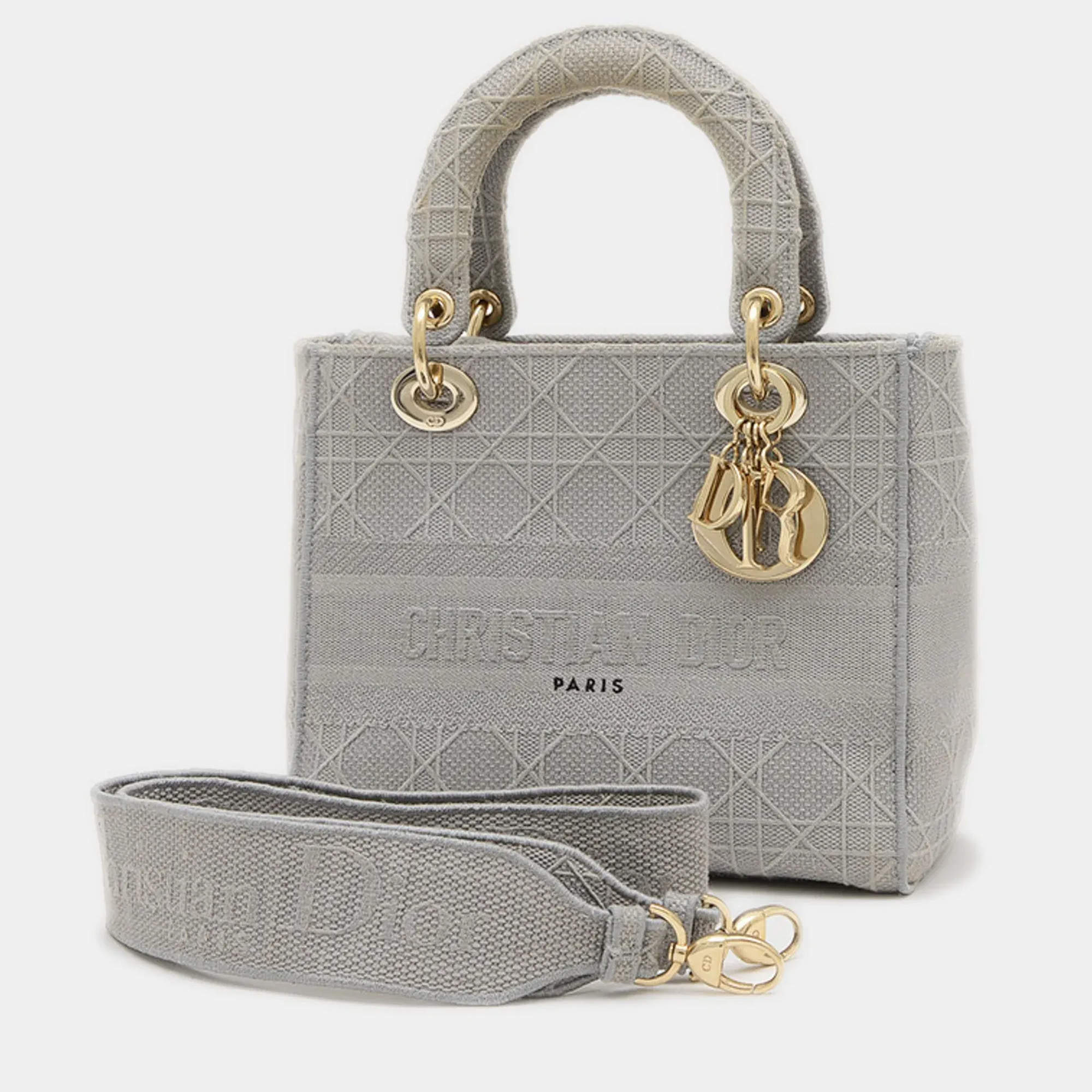 Pre Owned Christian Dior Dior Lady D-Lite Medium 2Way Bag Handbag Canvas Grey