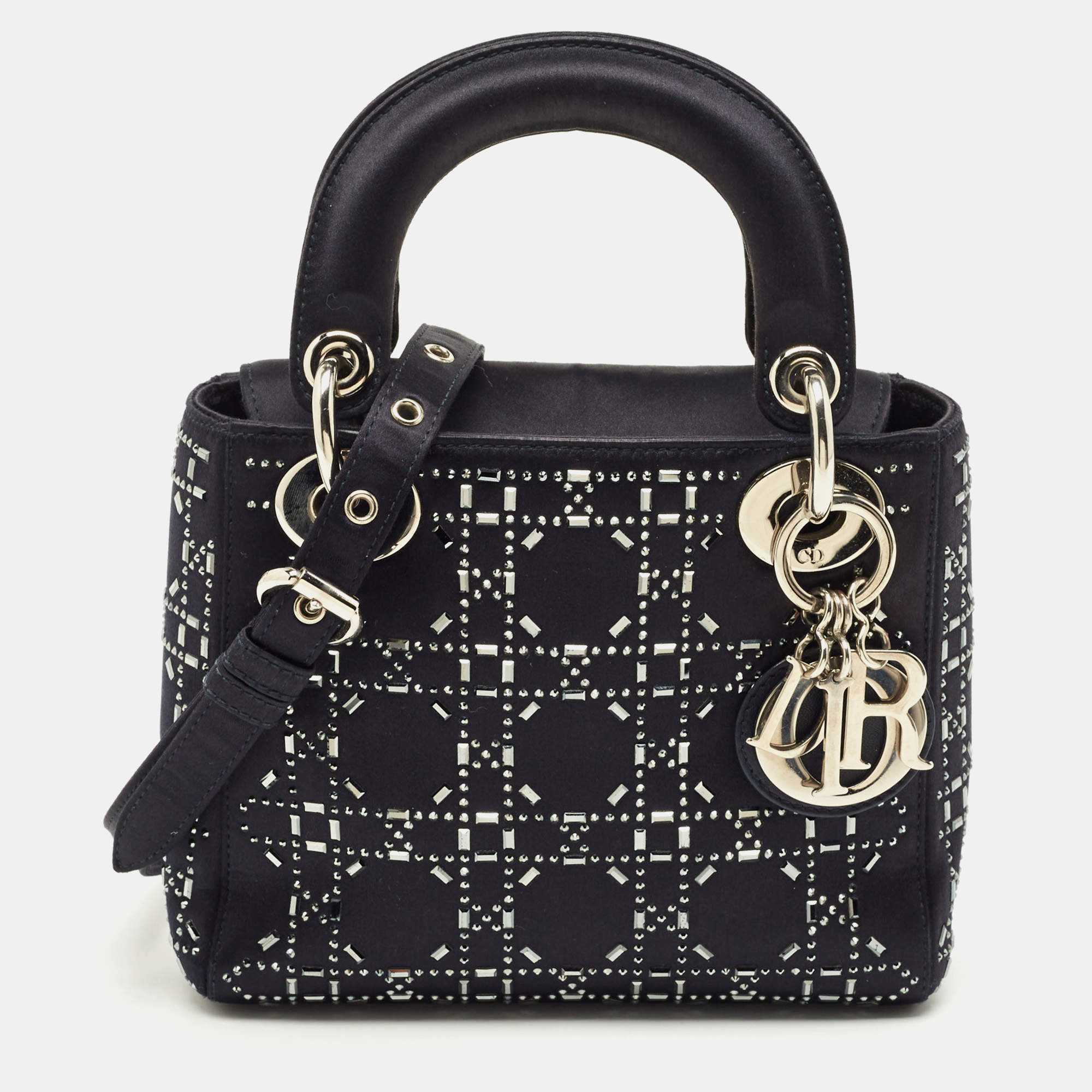 Pre Owned Dior Navy Blue Satin Cannage Strass Crystal Embellished Mini Lady Dior Tote