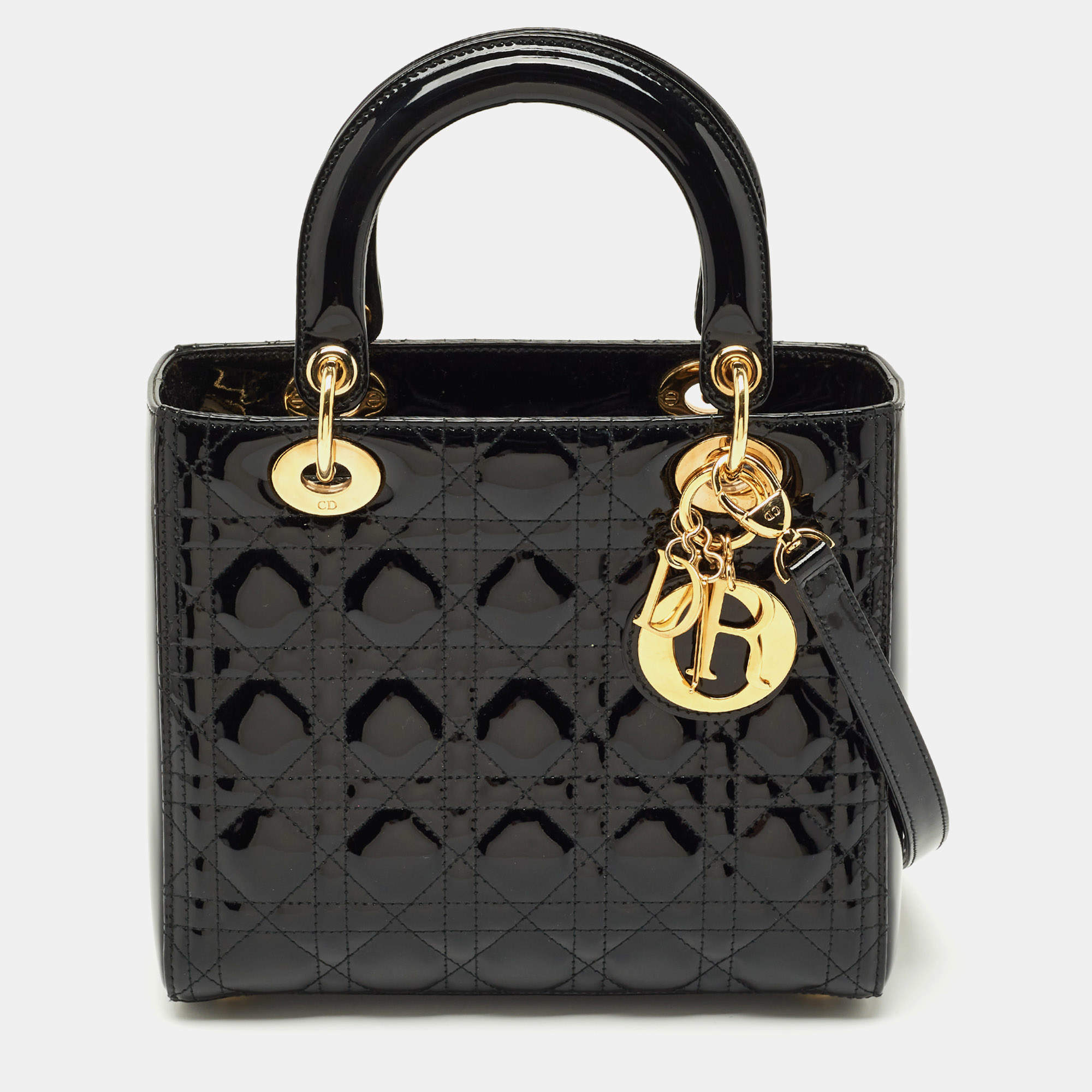 Pre Owned Dior Black Cannage Patent Leather Medium Lady Dior Tote