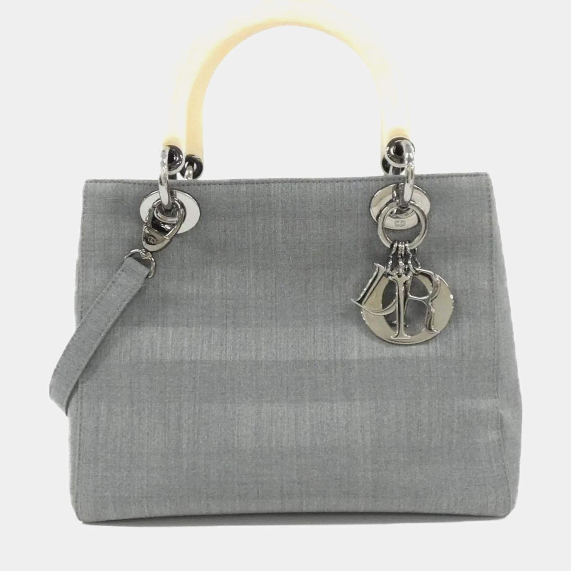 Pre Owned Dior Lady Dior Medium Grey Canvas Handbag