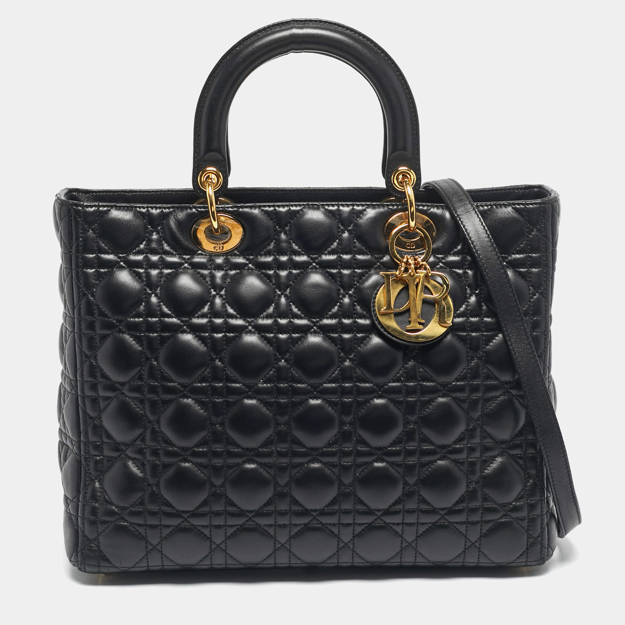 Pre Owned Dior Black Cannage Leather Large Lady Dior Tote