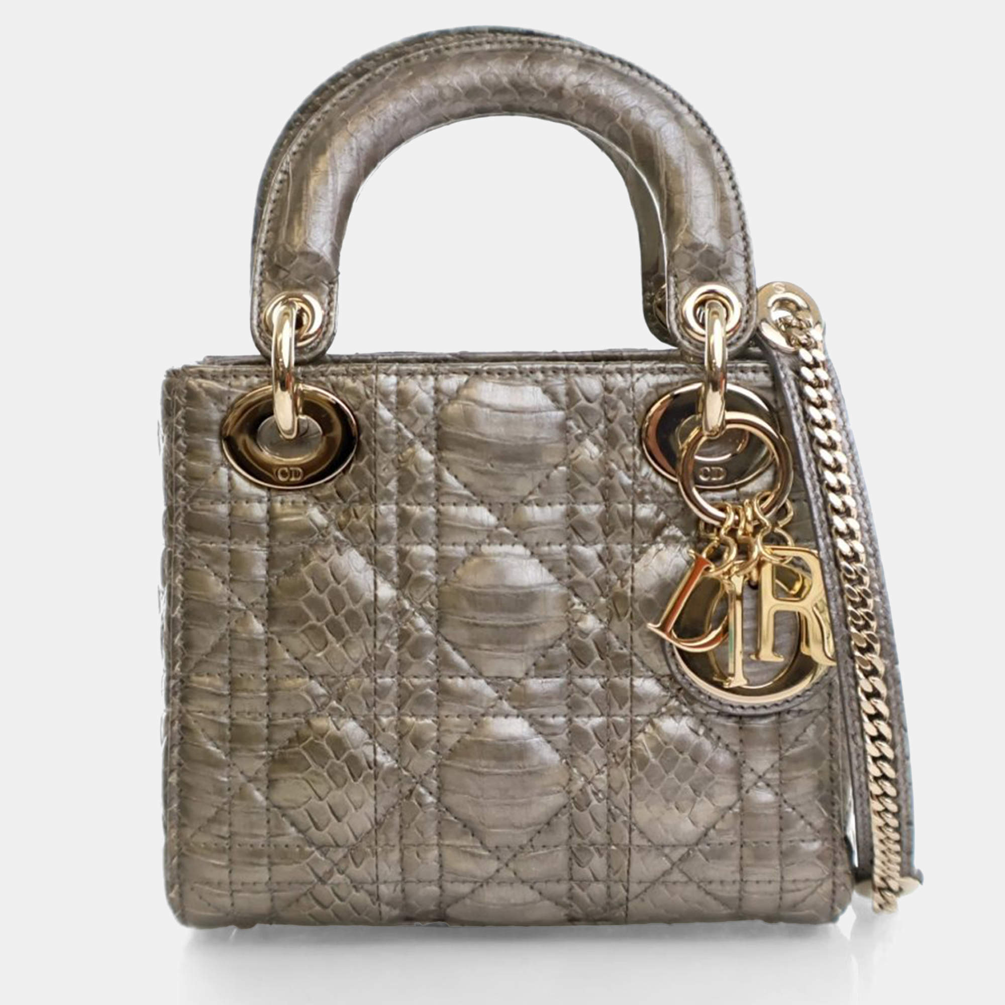 Pre Owned Dior Lady Dior Mini Python Metallic Leather Handbag