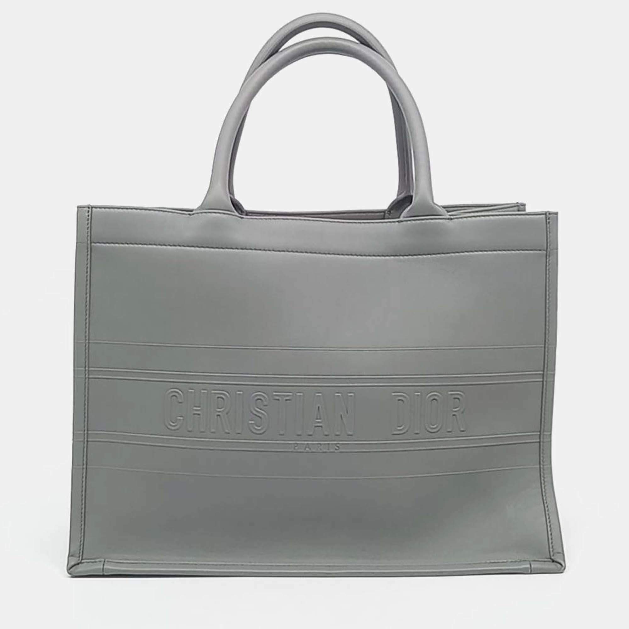 Pre Owned Dior Grey Leather Christian Dior Leather Book Tote Bag