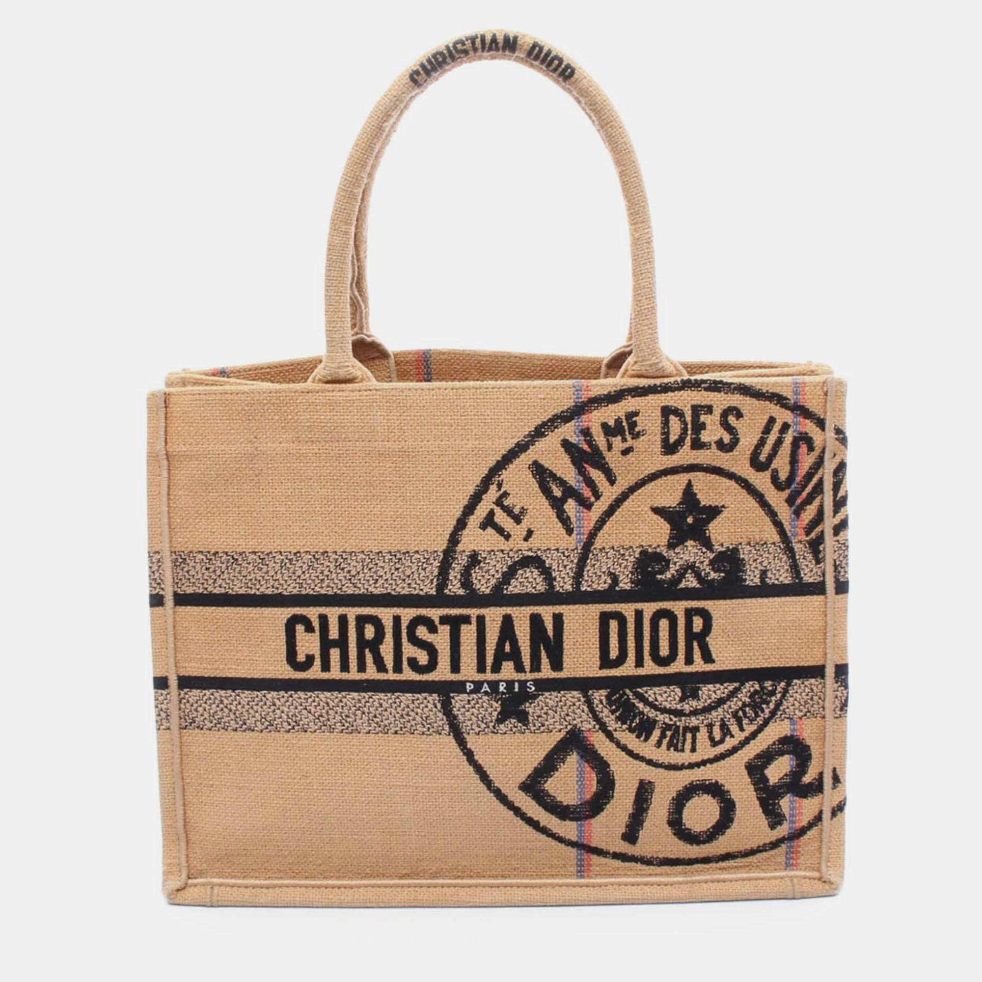 Pre Owned Dior Beige Medium Jute Embroidered Book Tote