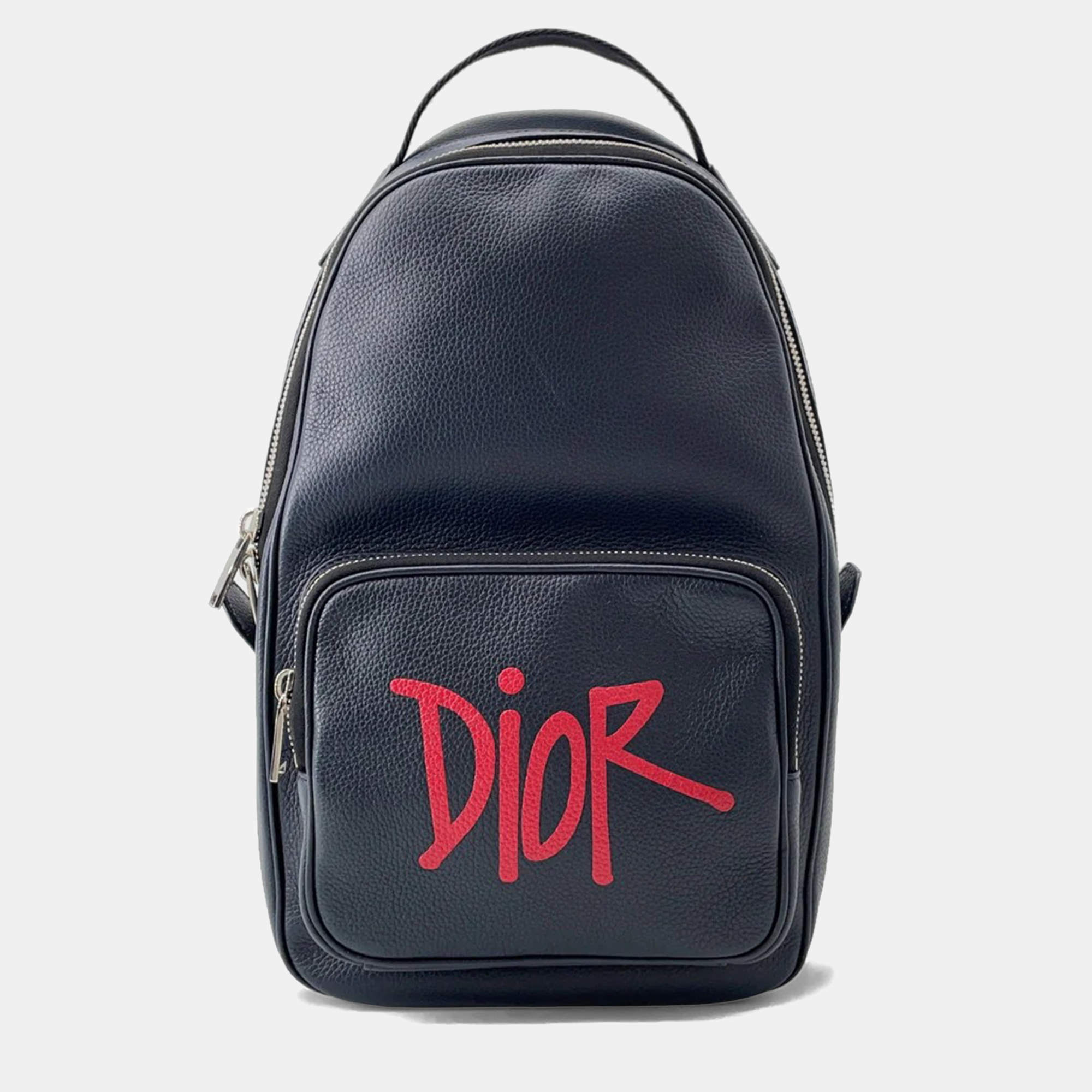 Pre Owned Christian Dior Shawn Stussy Collaboration 2020 Navy Blue Leather Crossbody Bag