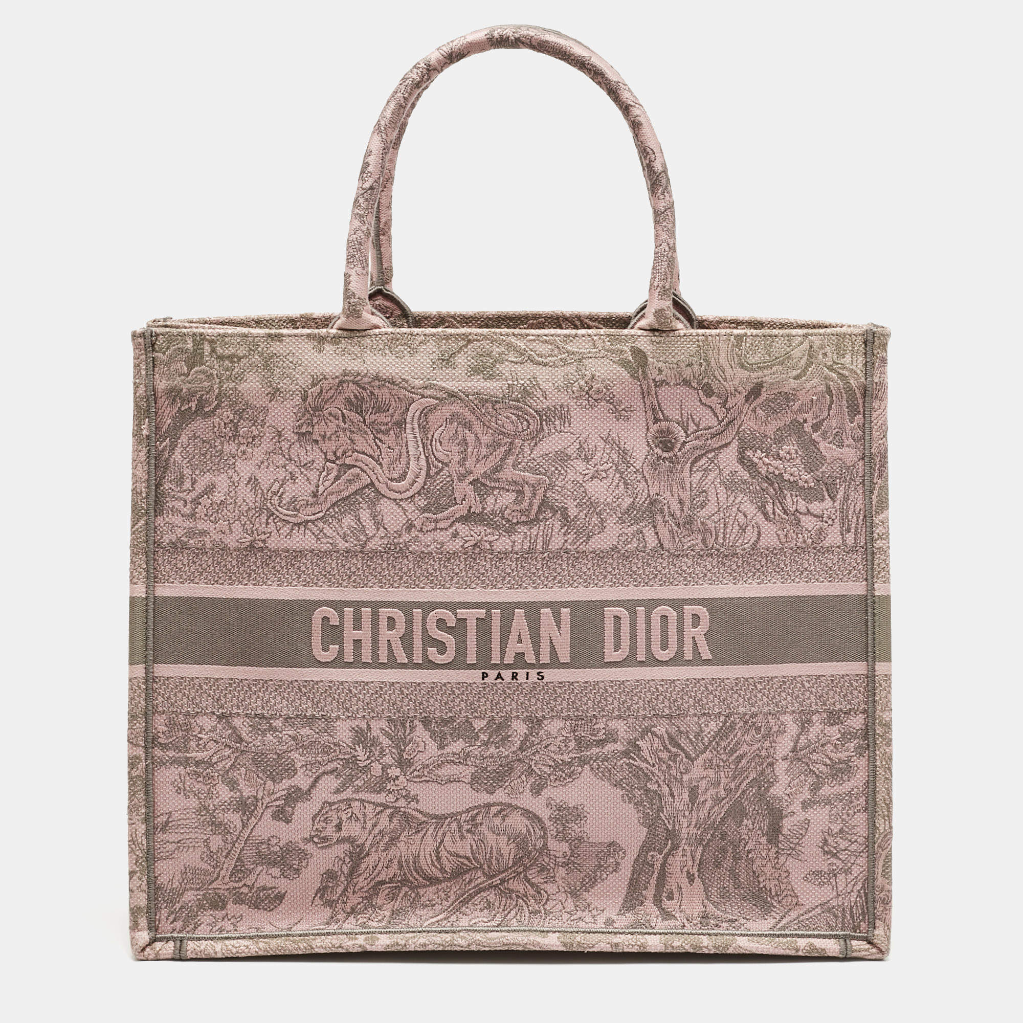 Pre Owned Dior Pink/Grey Toile De Jouy Embroidered Canvas Large Book Tote