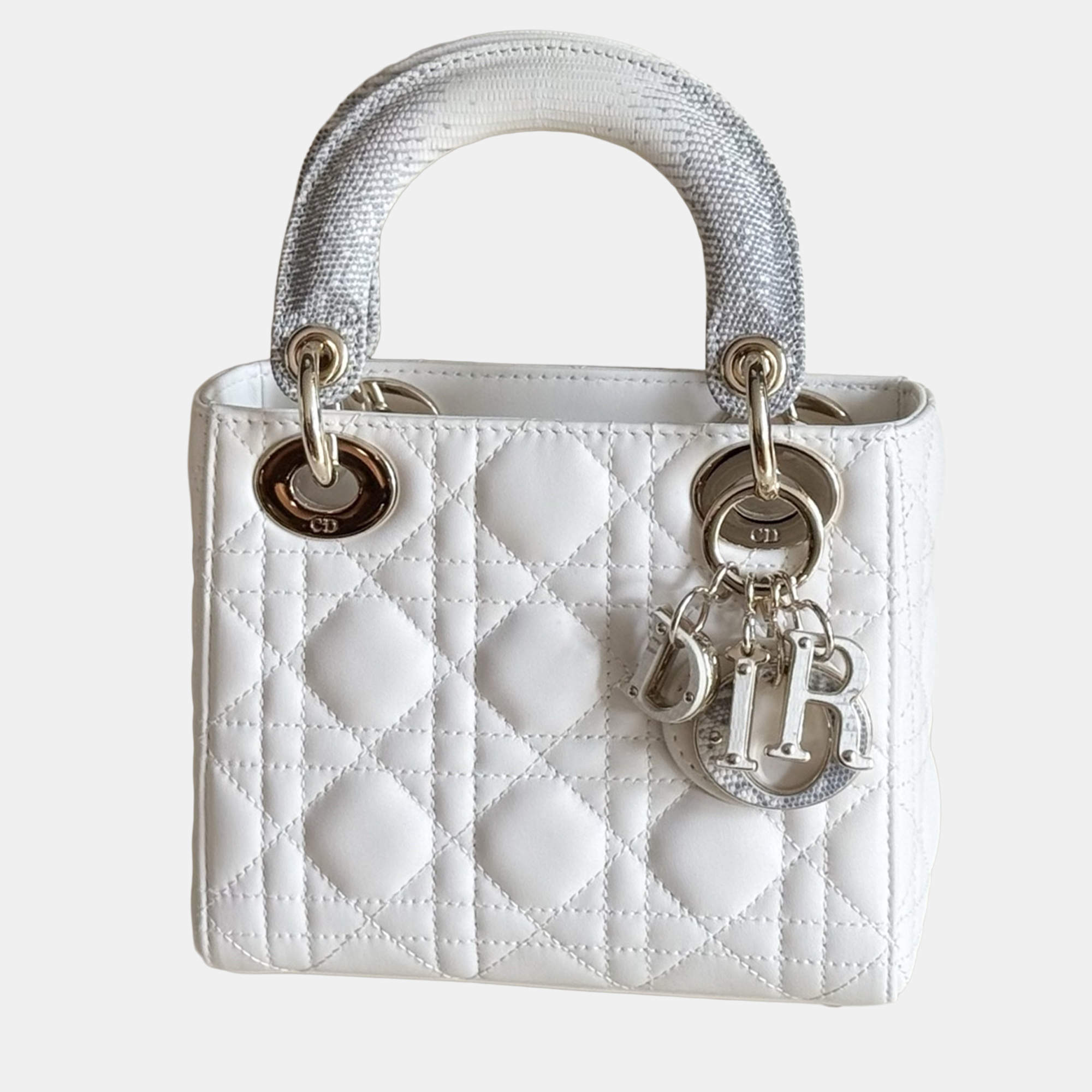 Pre Owned Dior Lady Dior Lizard Handles White Leather Bag