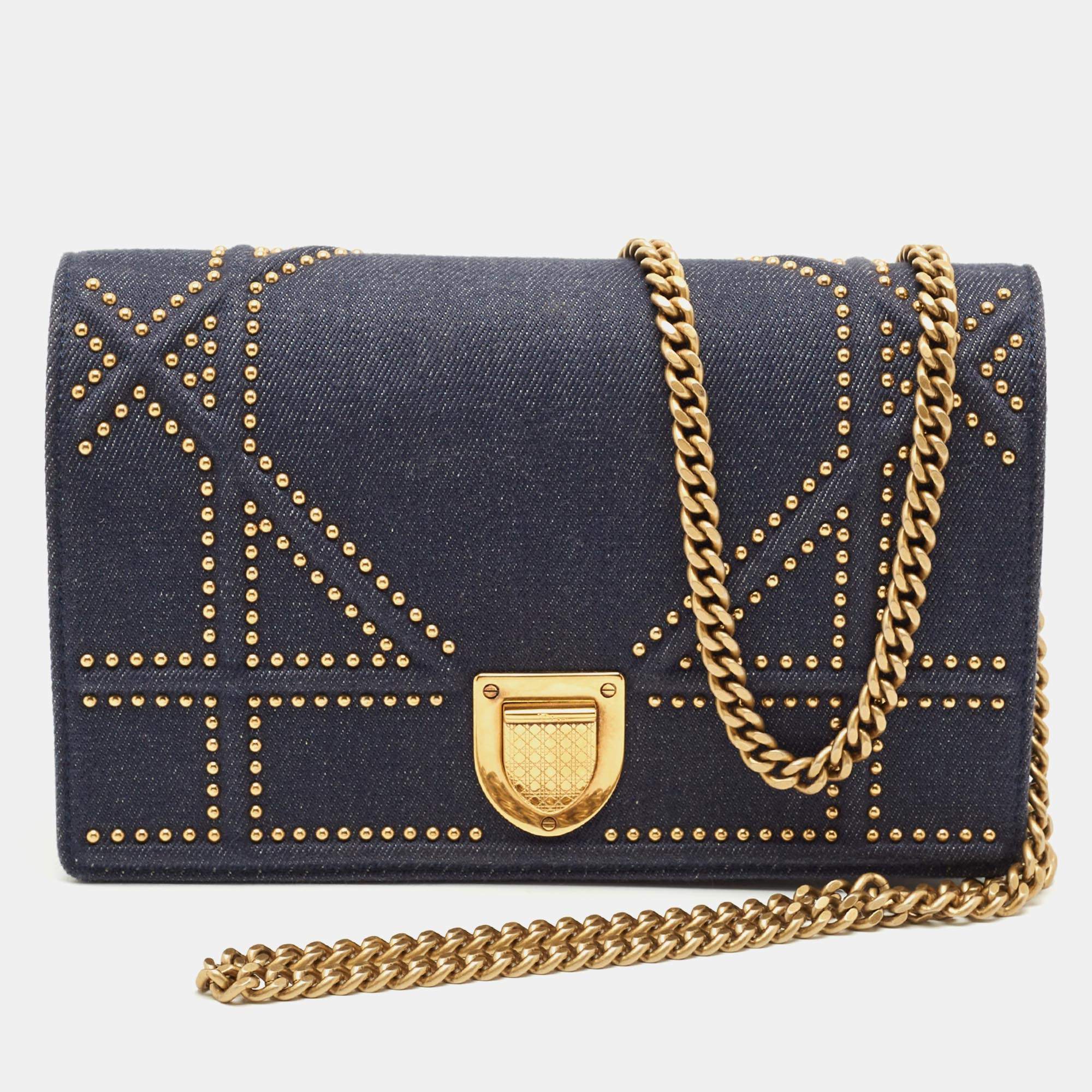 Pre Owned Dior Blue Cannage Denim Studded Diorama Wallet on Chain