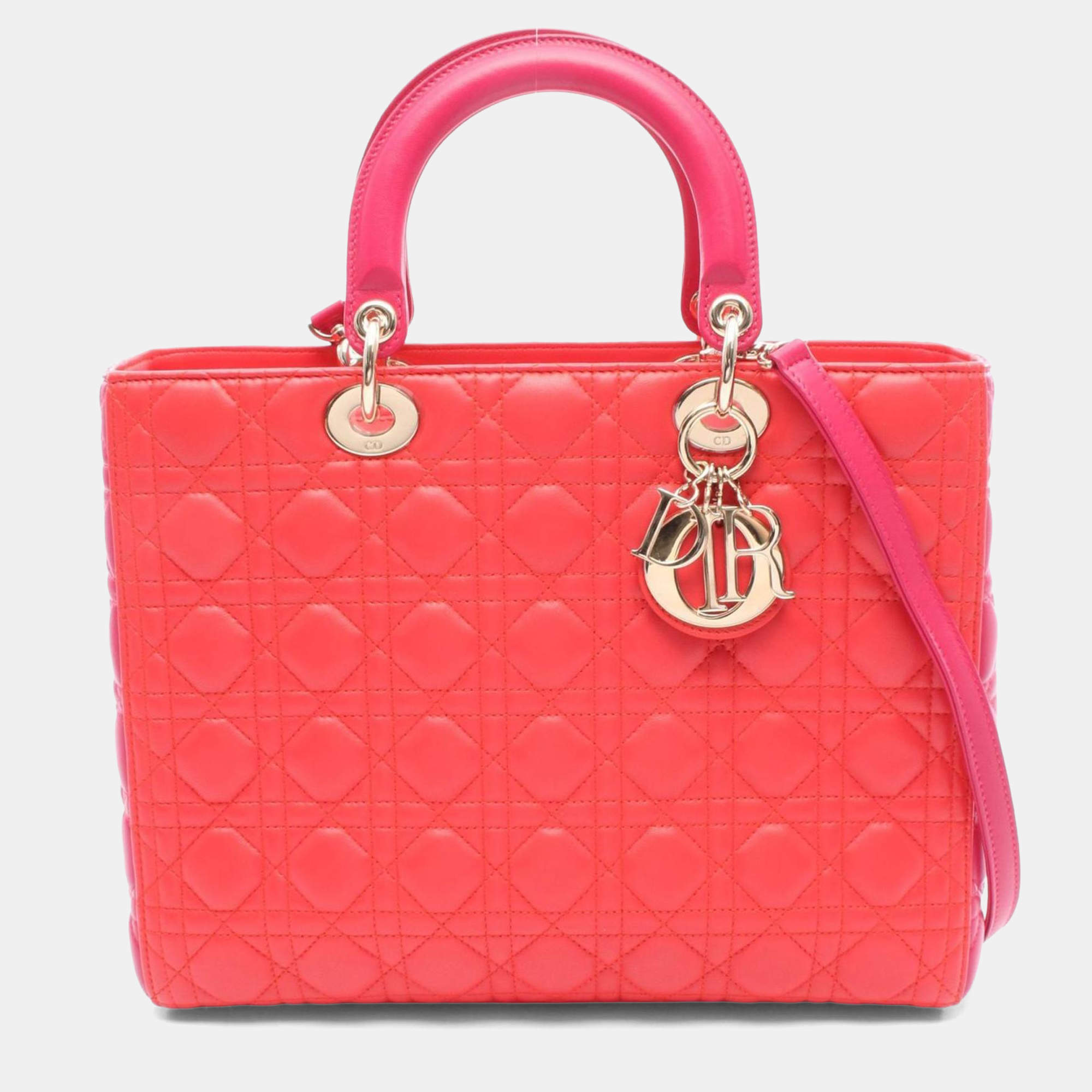 Pre Owned Christian Dior Dior Lady Large Handbag Leather Red Pink