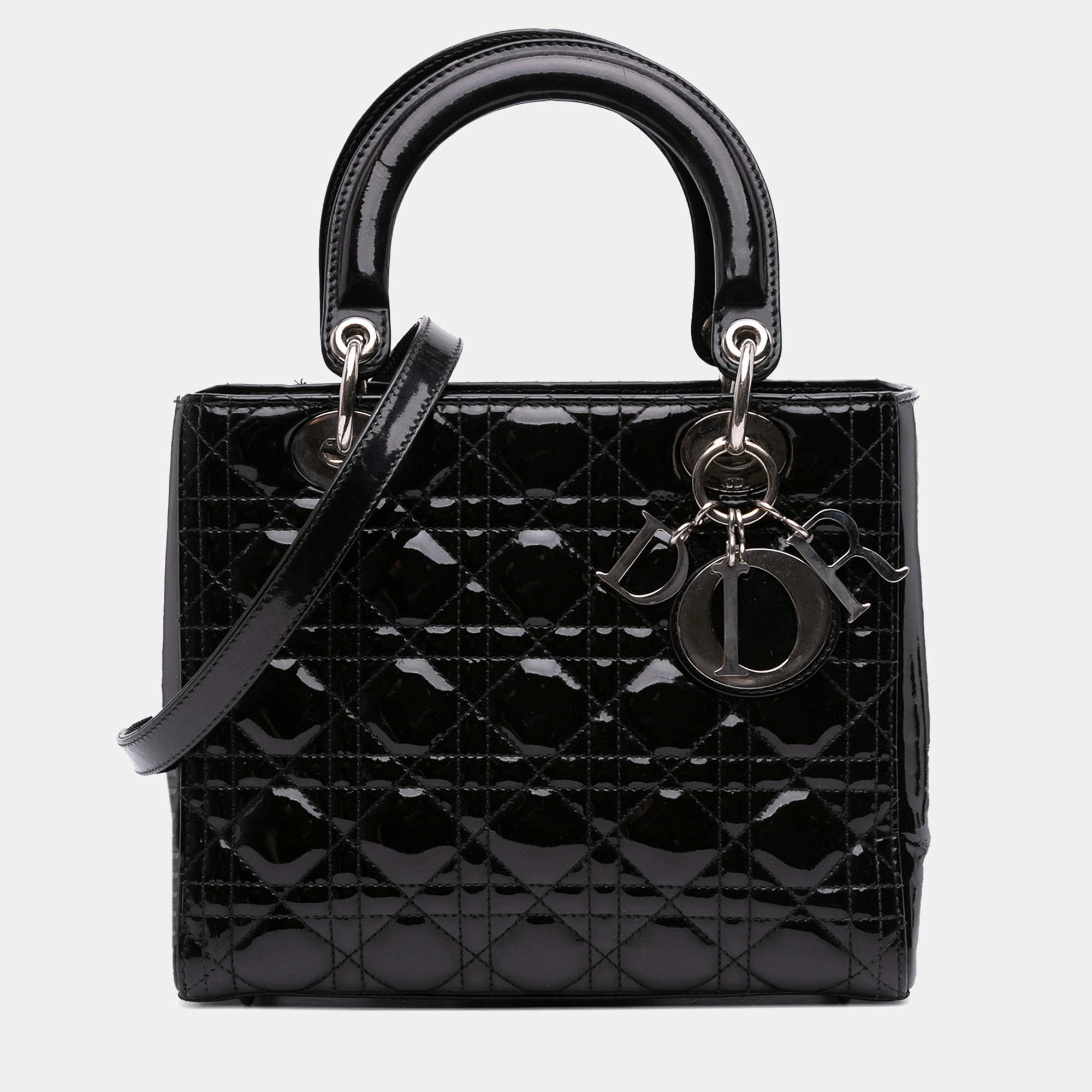 Pre Owned Dior Black Medium Patent Cannage Lady Dior