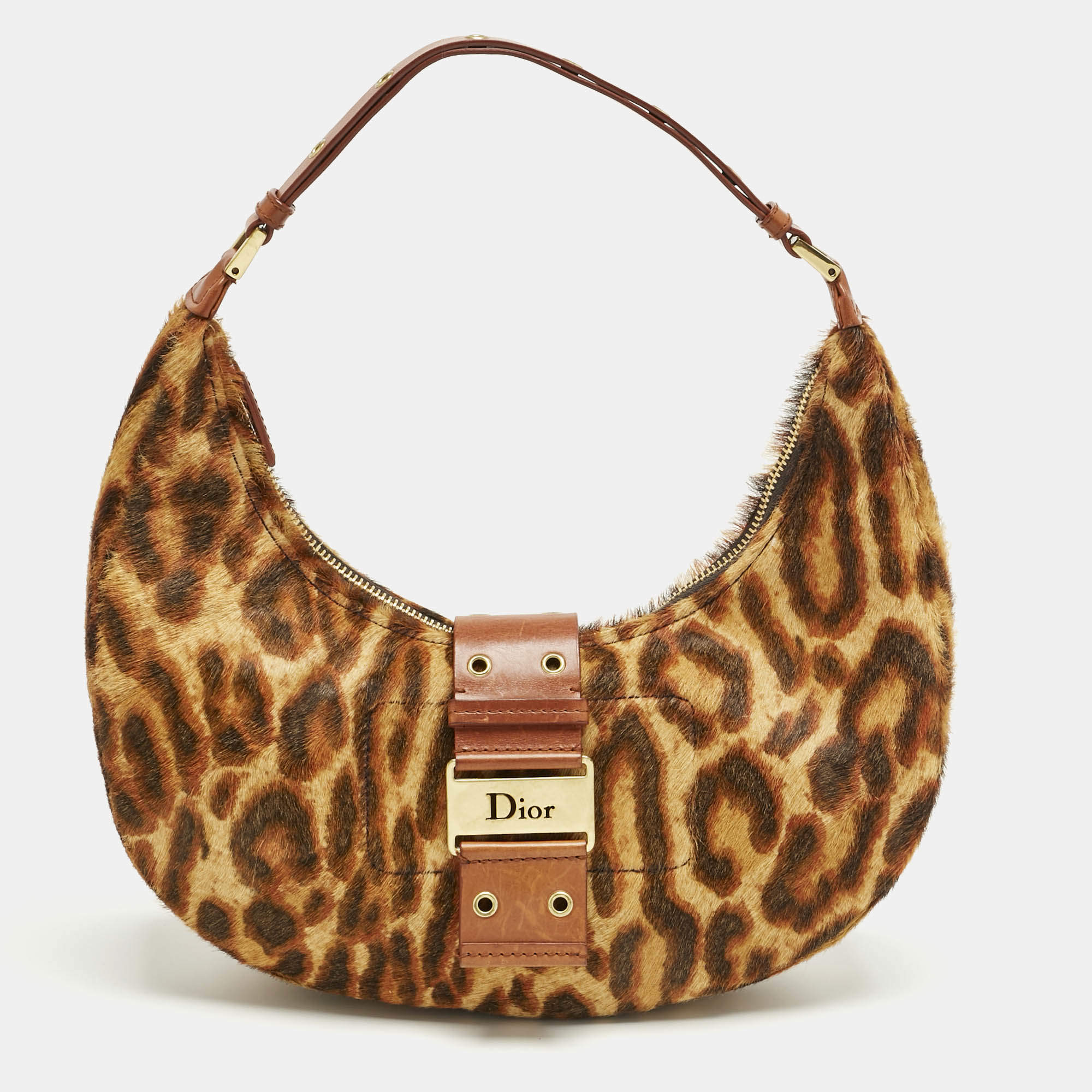 Pre Owned Dior Brown Leopard Print Calf Hair Street Chic Hobo