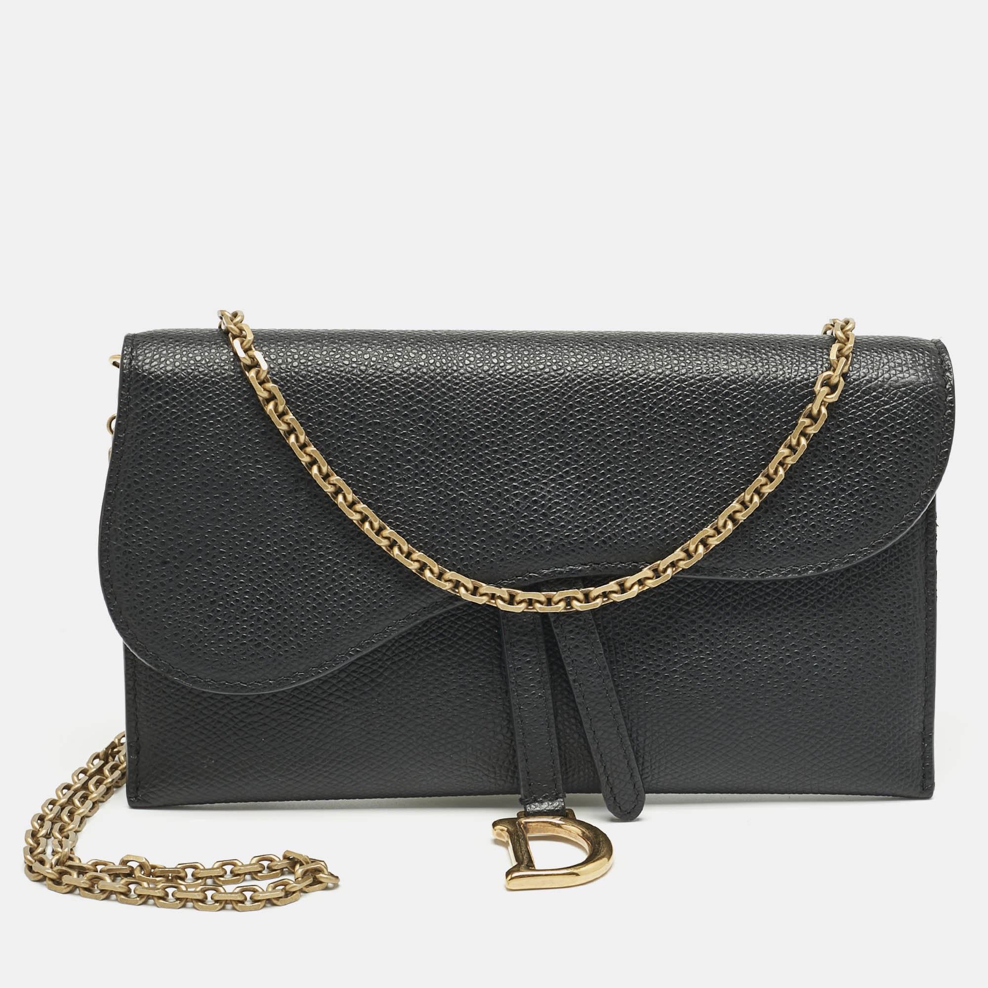 Pre Owned Dior Black Leather Saddle Wallet on Chain