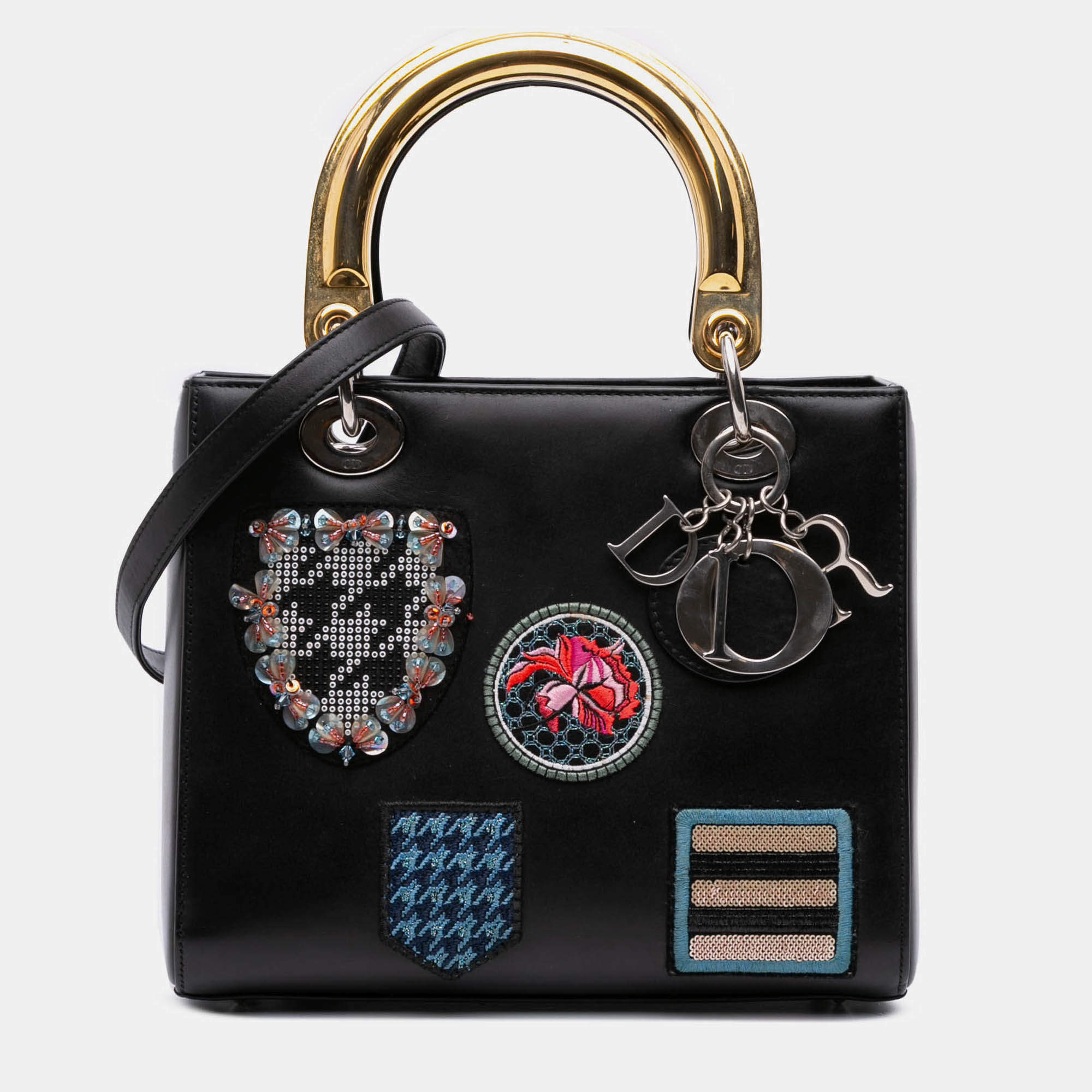 Pre Owned Dior Black Medium Calfskin Patch Embellished Lady Dior