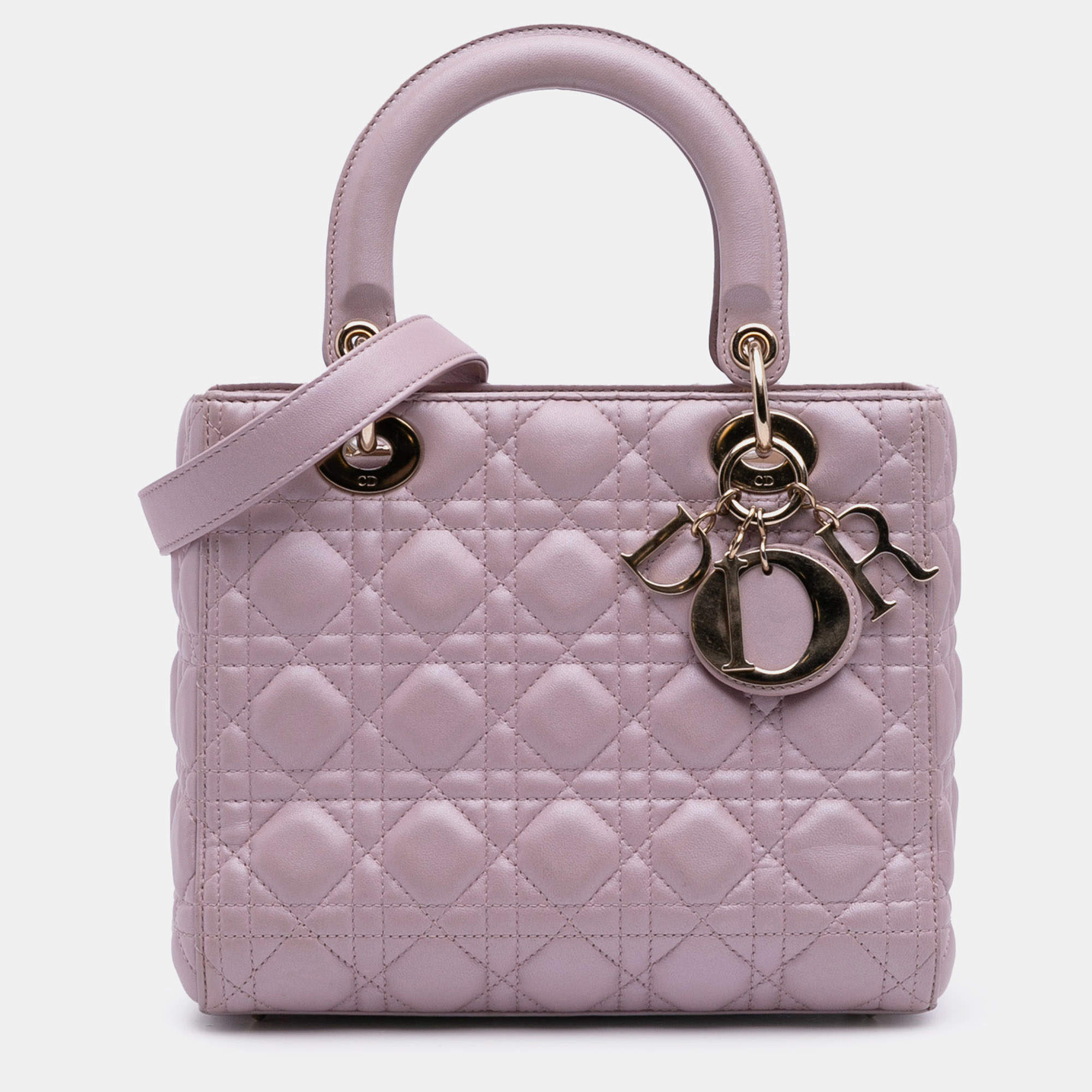 Pre Owned Dior Pink Medium Pearlescent Lambskin Cannage Lady Dior