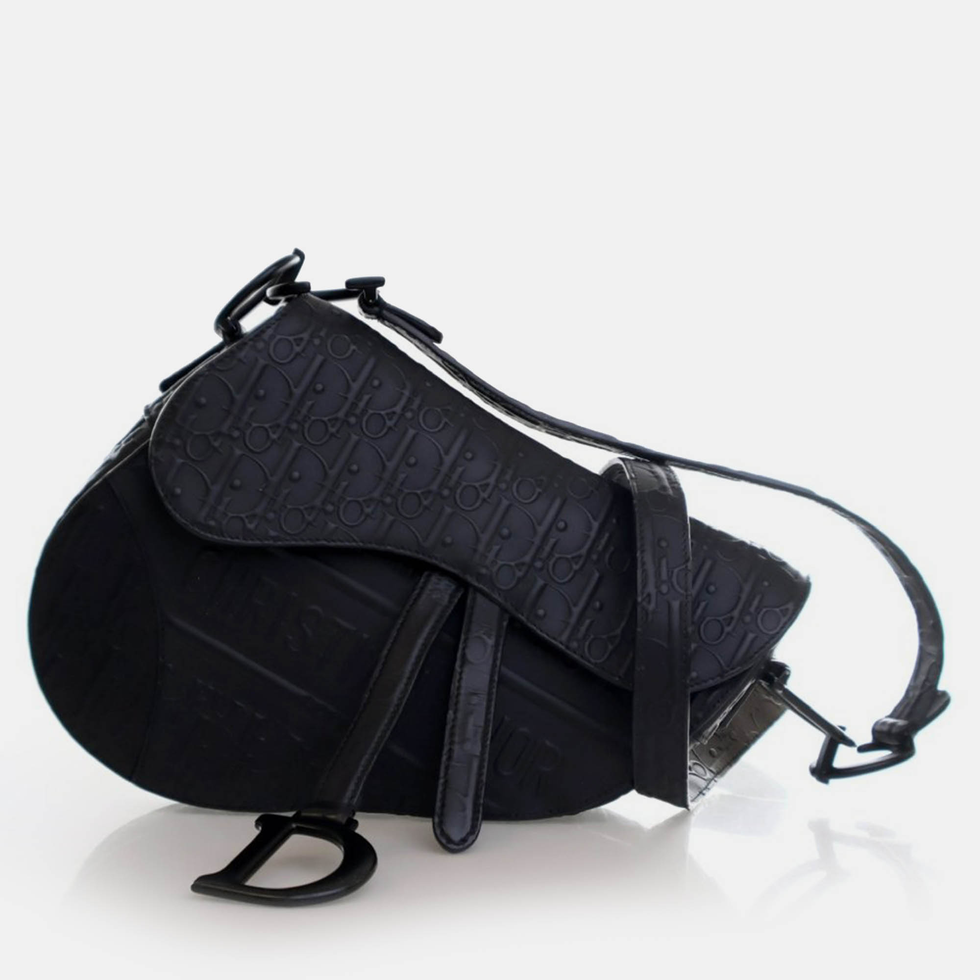Pre Owned Dior Medium Oblique Embossed Black Calf Leather Saddle Bag