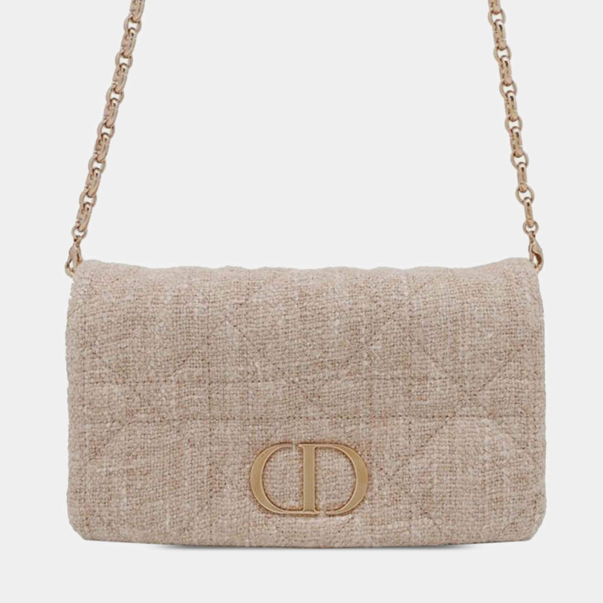 Pre Owned Dior Pink Small Tweed Macrocannage Caro Bag