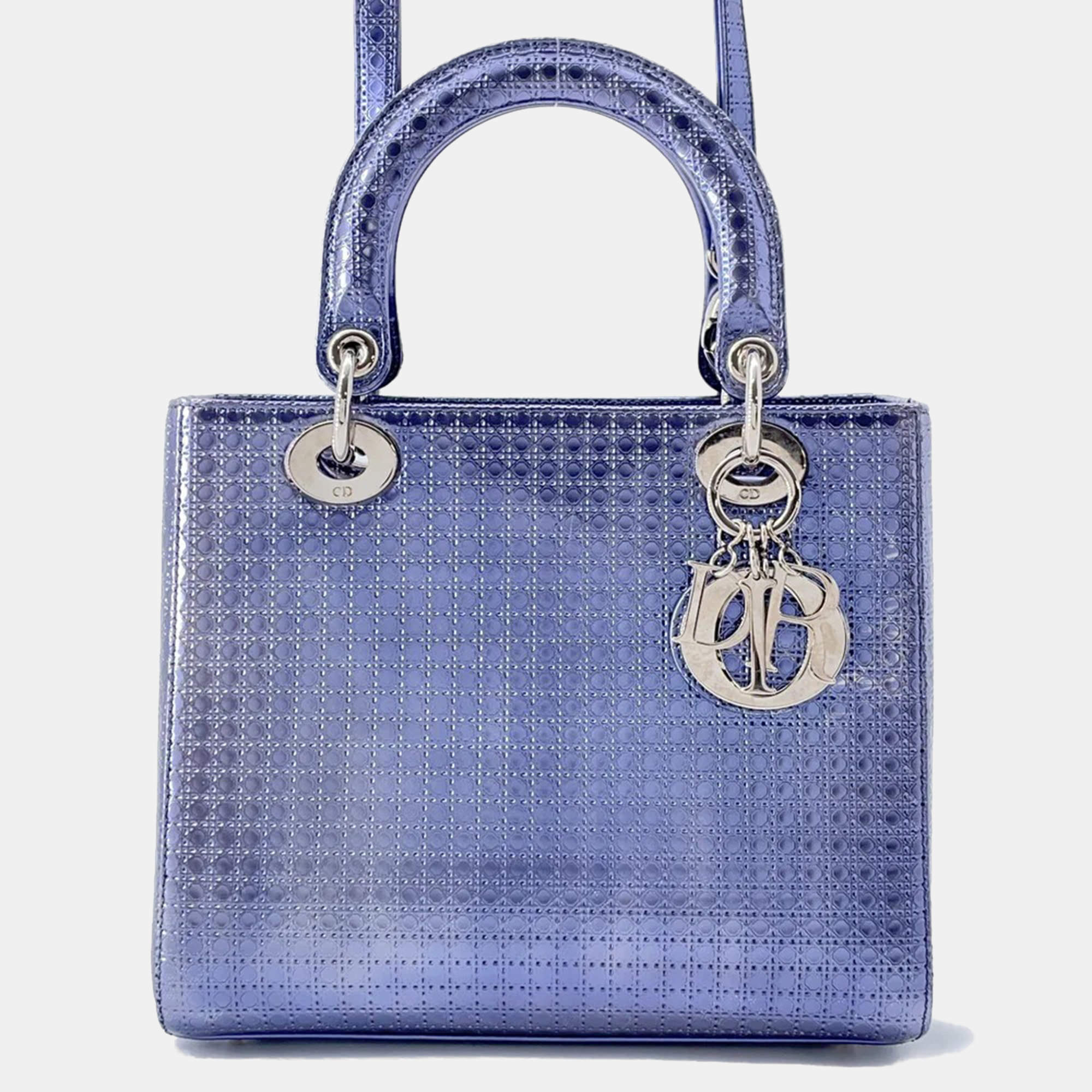 Pre Owned Dior Lady Dior 2Way Handbag Metalicpurple Leather Size Medium