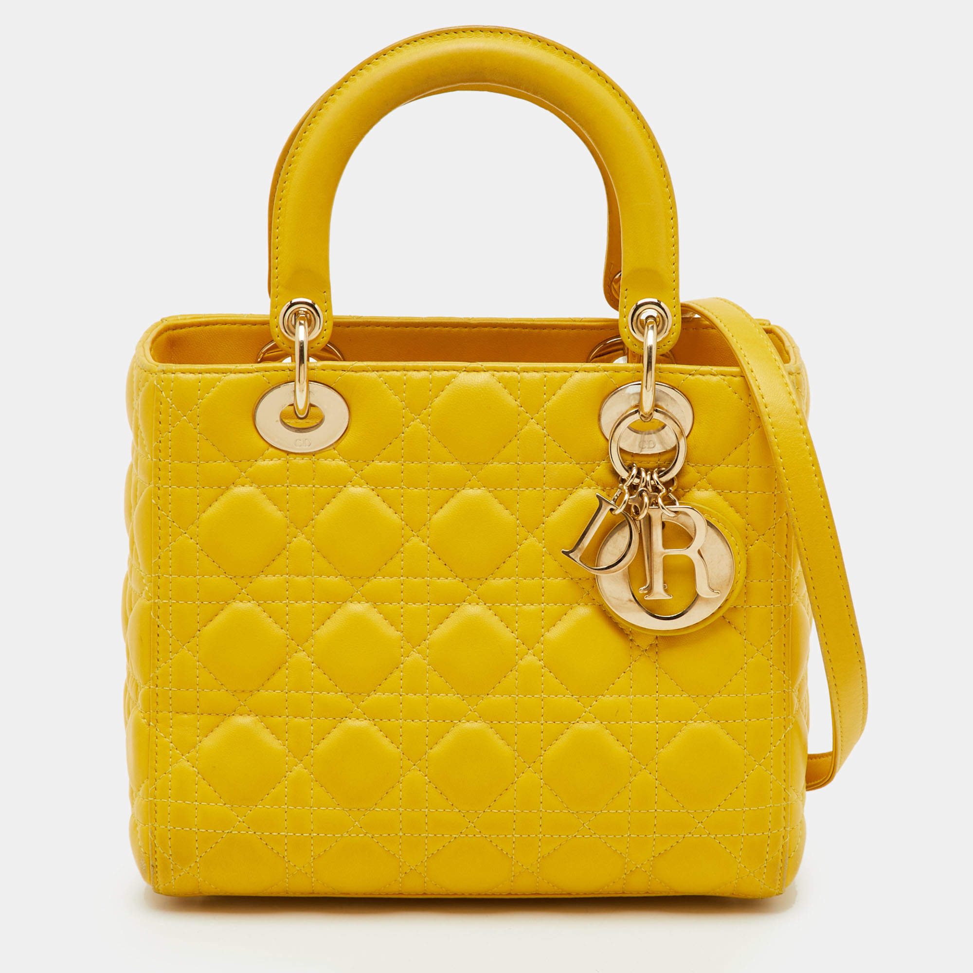 Pre Owned Dior Yellow Cannage Leather Medium Lady Dior Tote