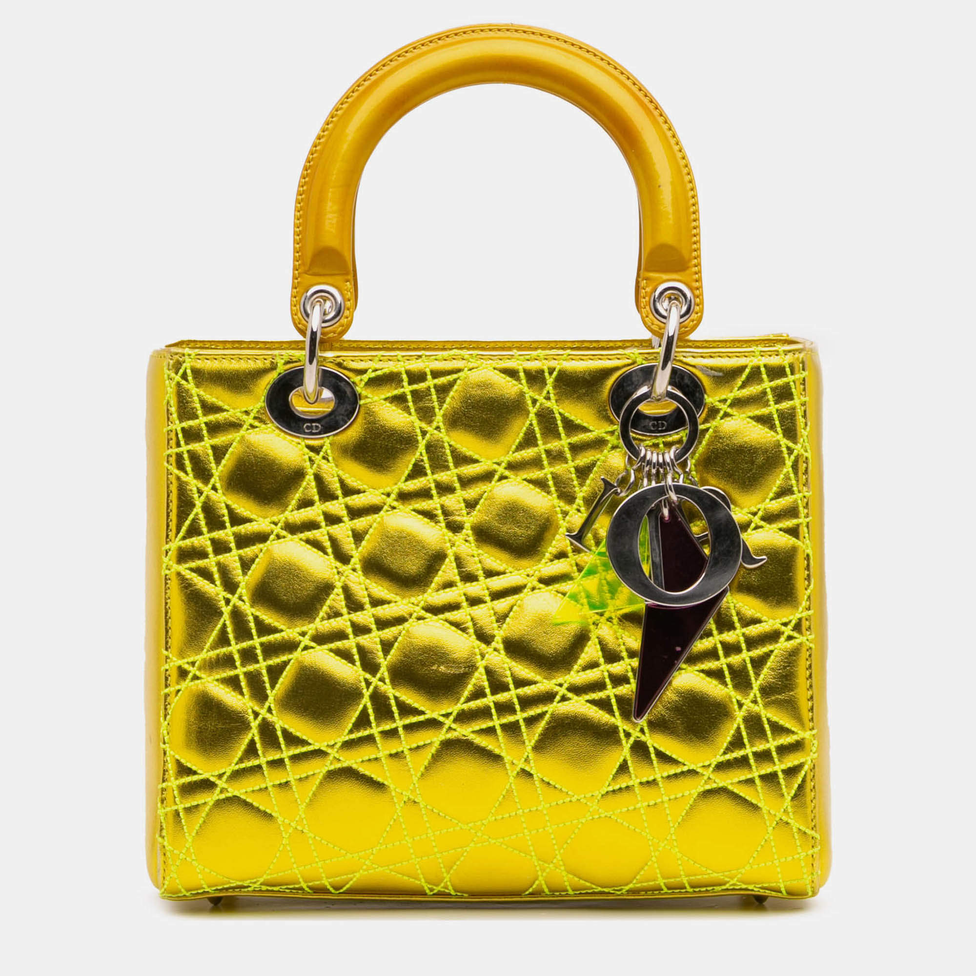 Pre Owned Dior Yellow Anselm Reyle Medium Metallic Lambskin Cannage Lady Dior