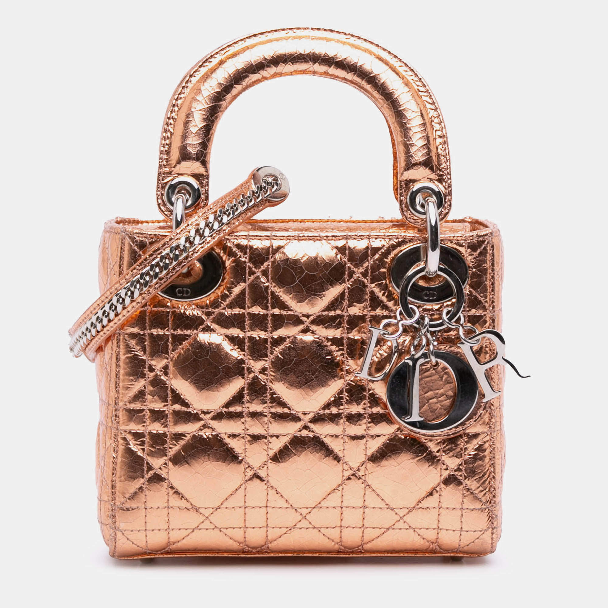 Pre Owned Dior Brown Mini Metallic Crinkled Calfskin Cannage Lady Dior