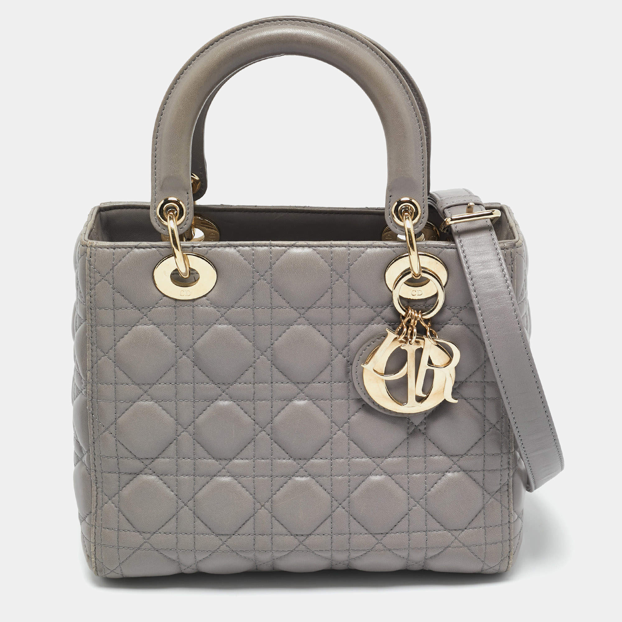 Pre Owned Dior Grey Cannage Leather Medium Lady Dior Tote