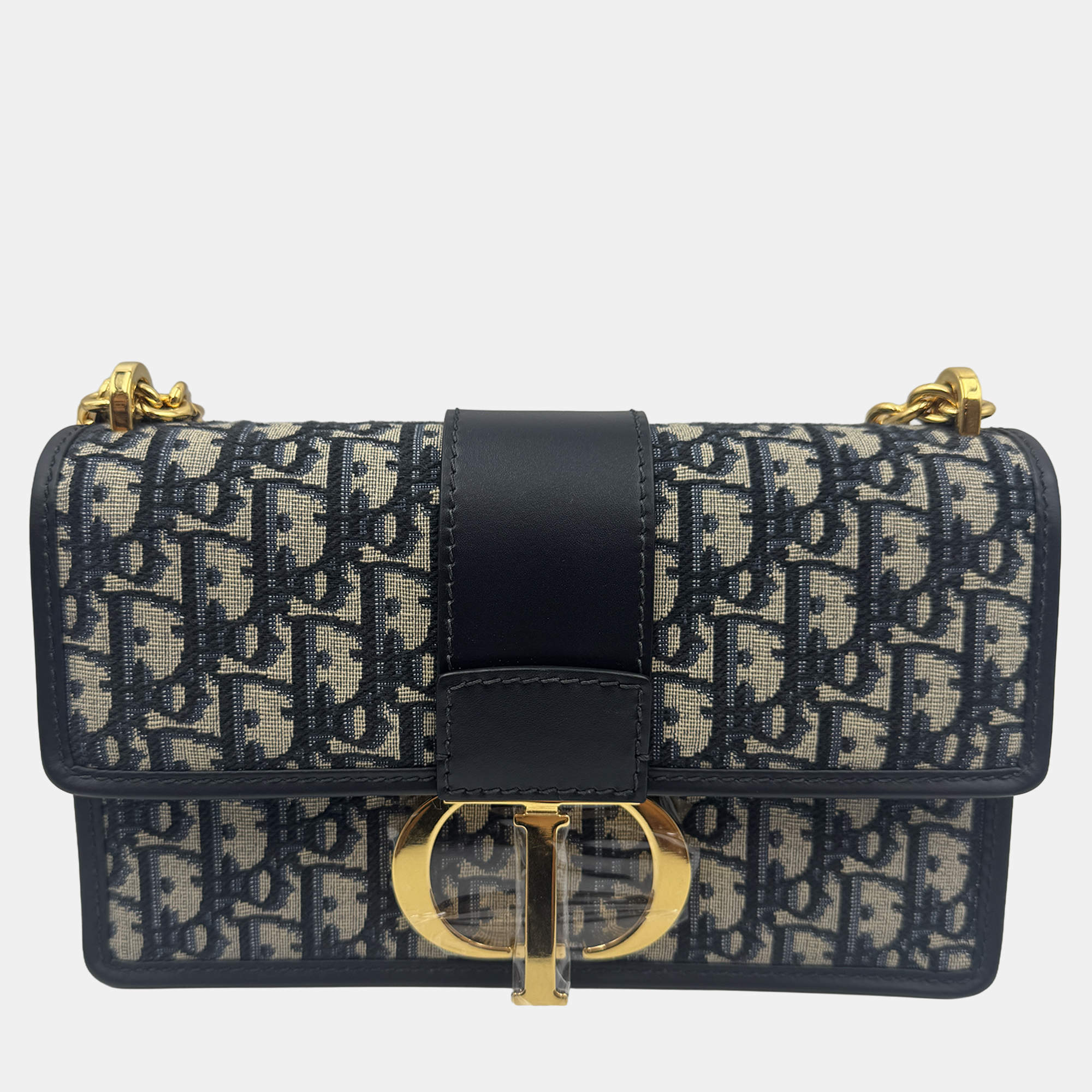 Pre Owned Dior Navy Blue Oblique Canvas and Leather Montaigne 30 Flap Shoulder Bag