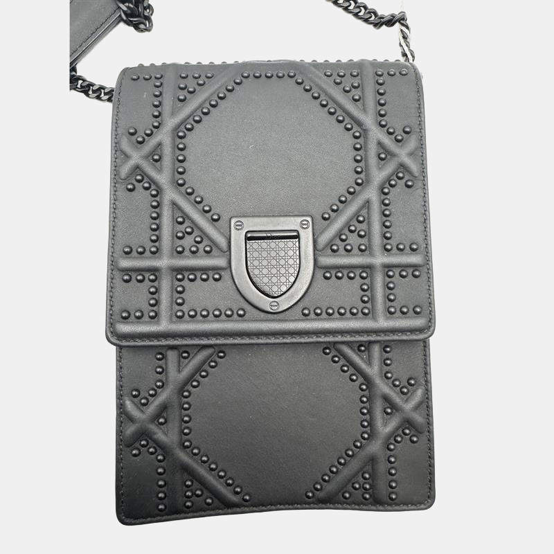 Pre Owned Dior Black Leather Studded Diorama Vertical Chain Clutch