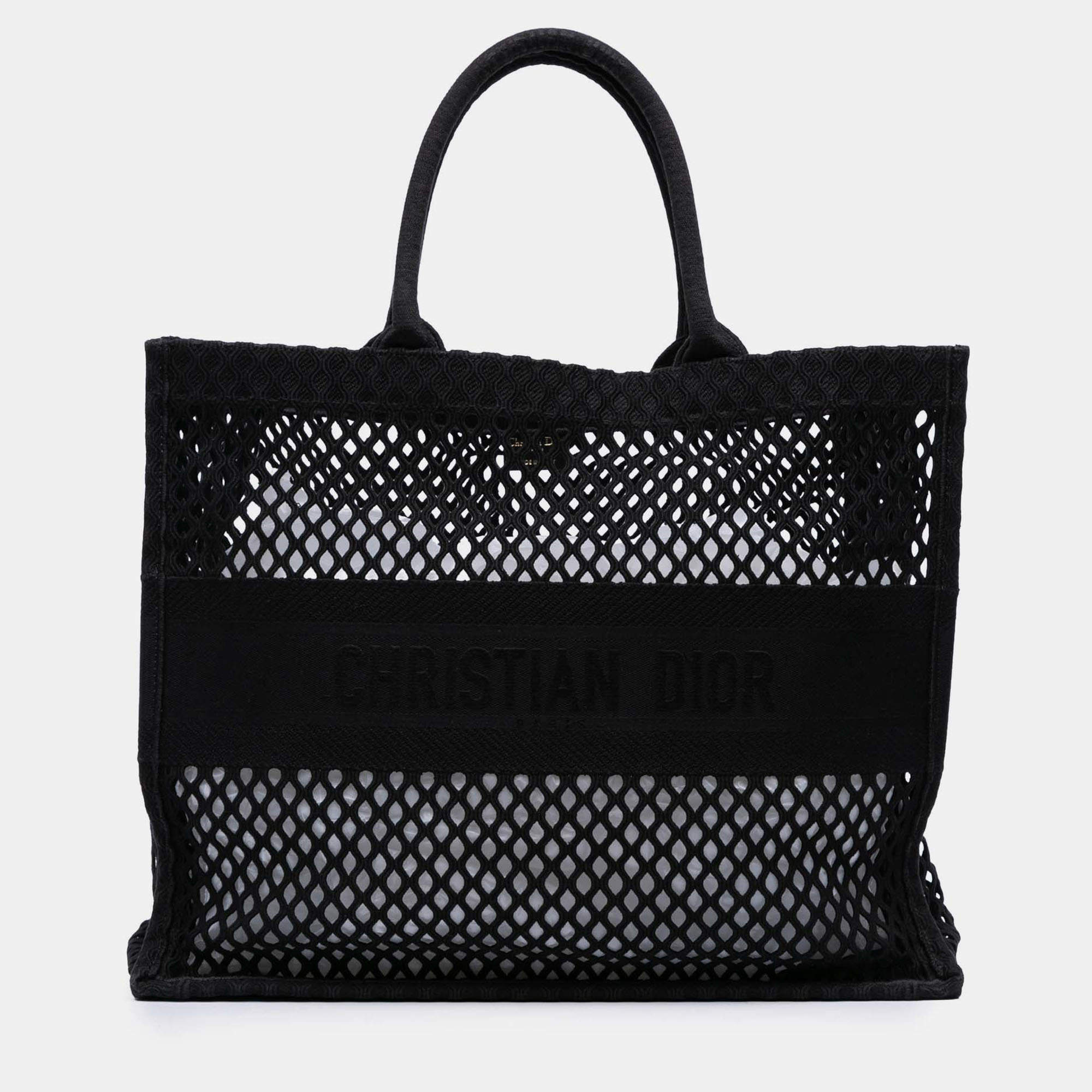 Pre Owned Dior Black Large Embroidered Mesh Book Tote