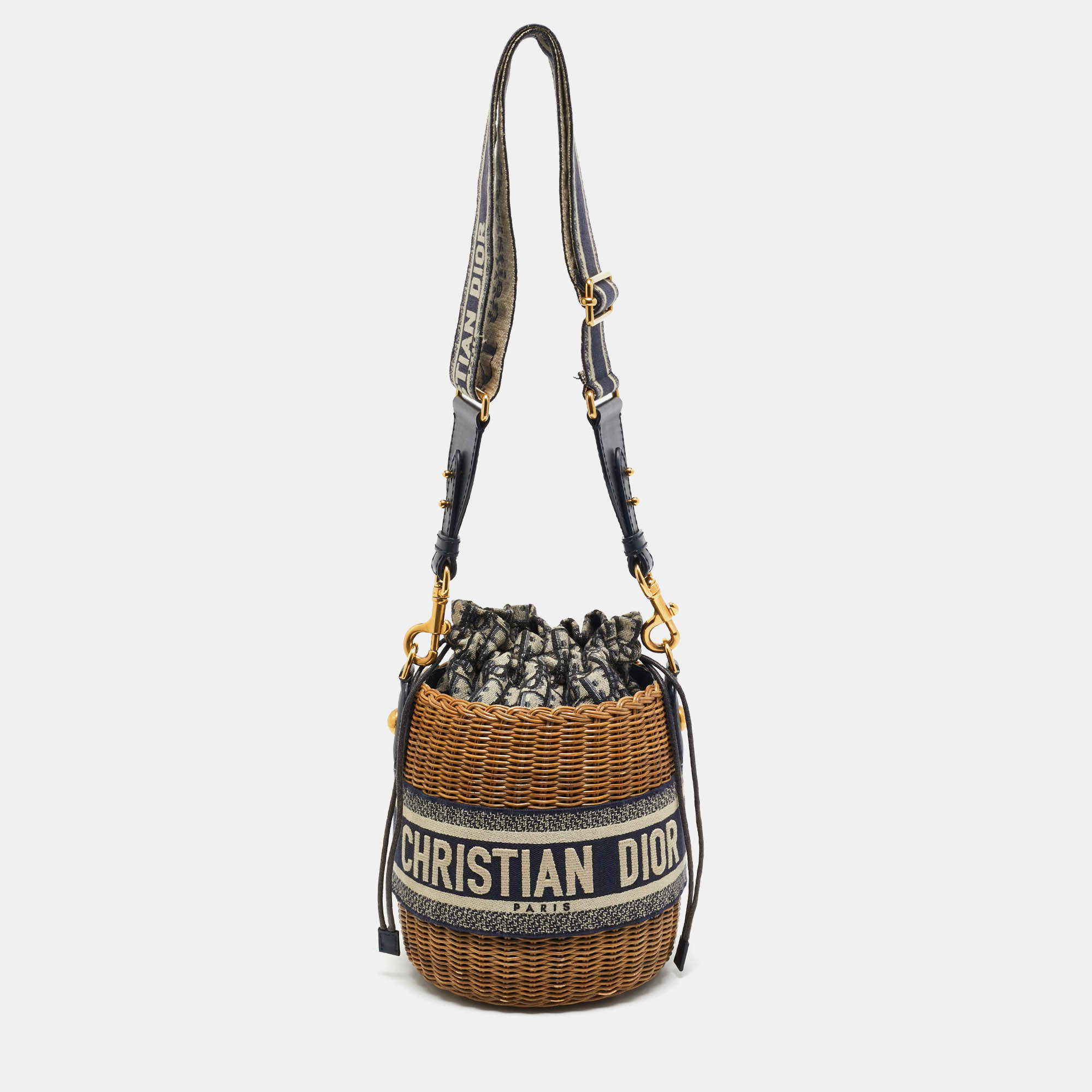 Pre Owned Dior Navy Blue/Brown Oblique Canvas and Raffia Drawstring Bucket Bag