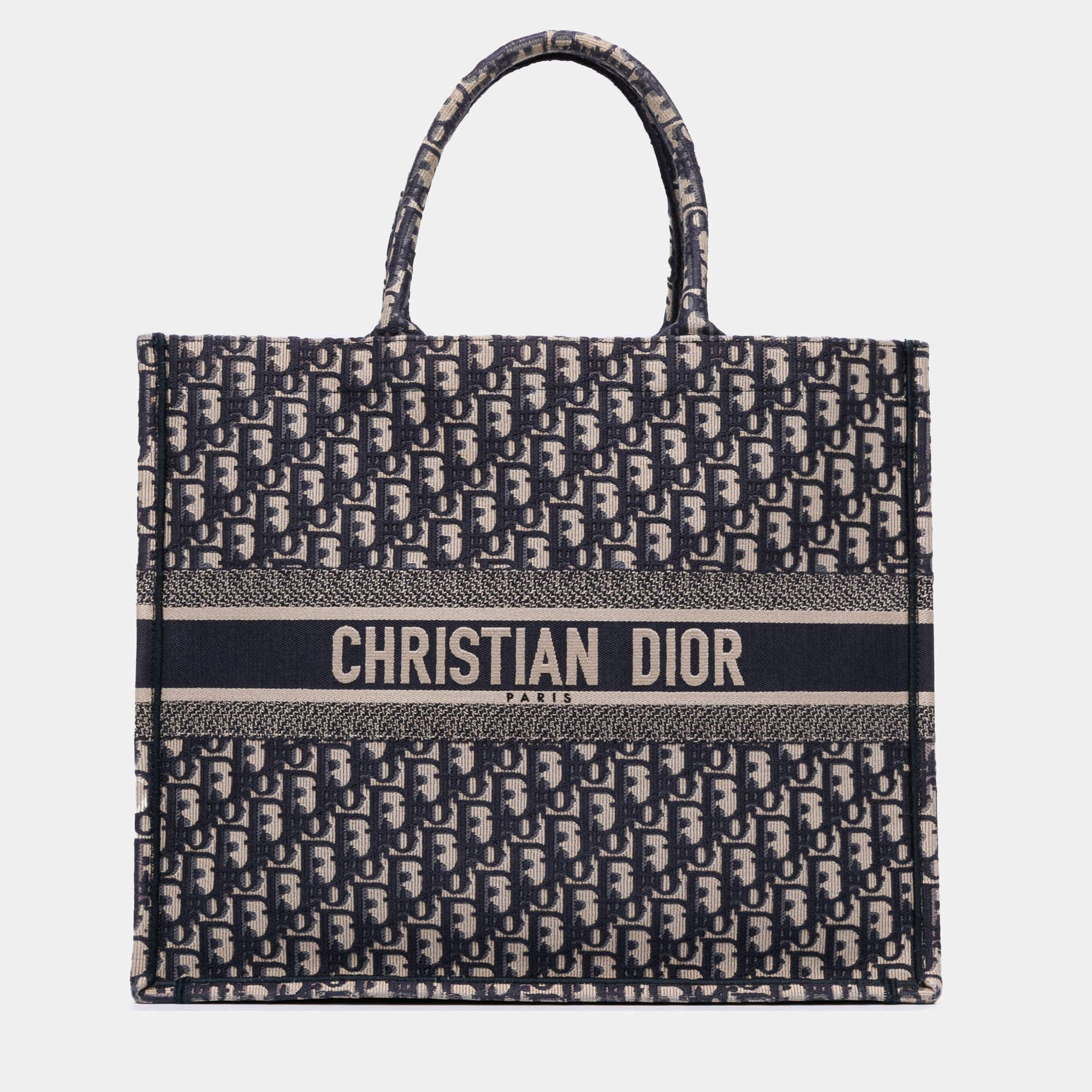 Pre Owned Dior Navy Blue Large Oblique Canvas Book Tote