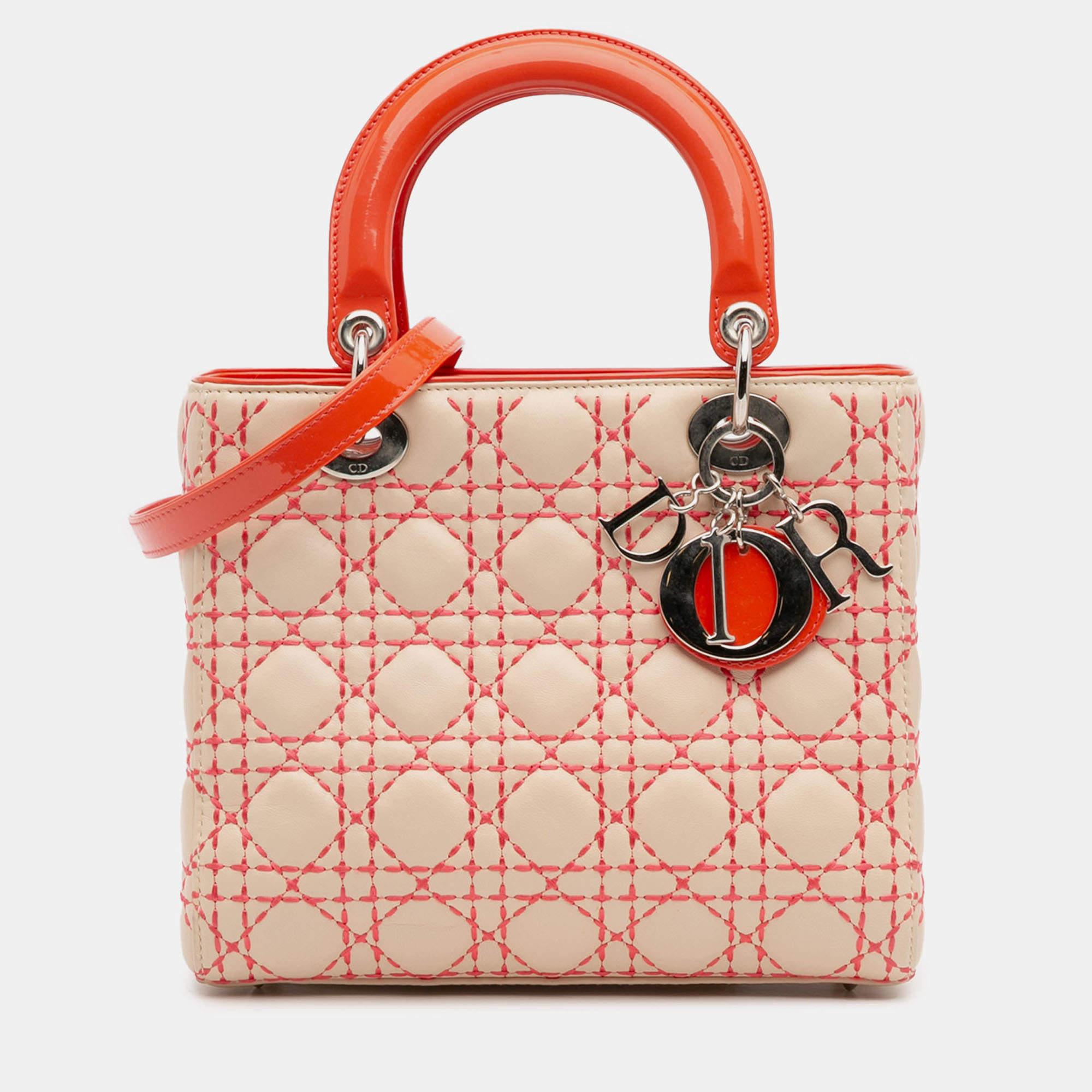 Pre Owned Dior Beige Orange Medium Lambskin Cannage Stitched Lady Dior