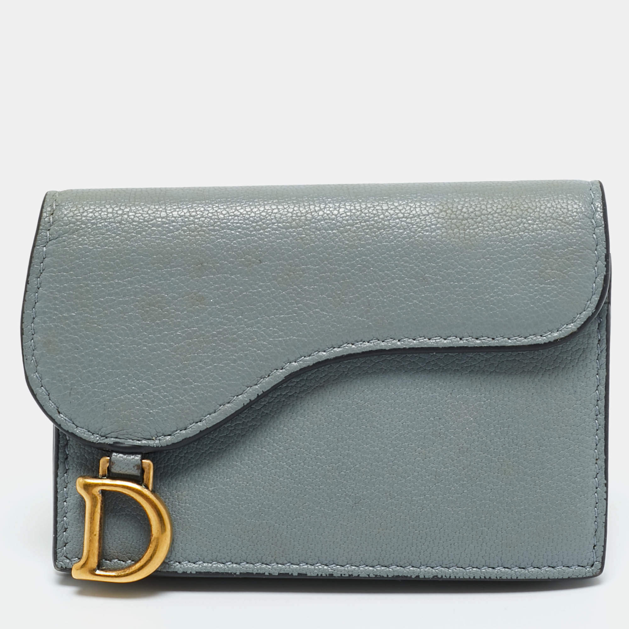 Pre Owned Dior Light Blue Leather Saddle Card Case