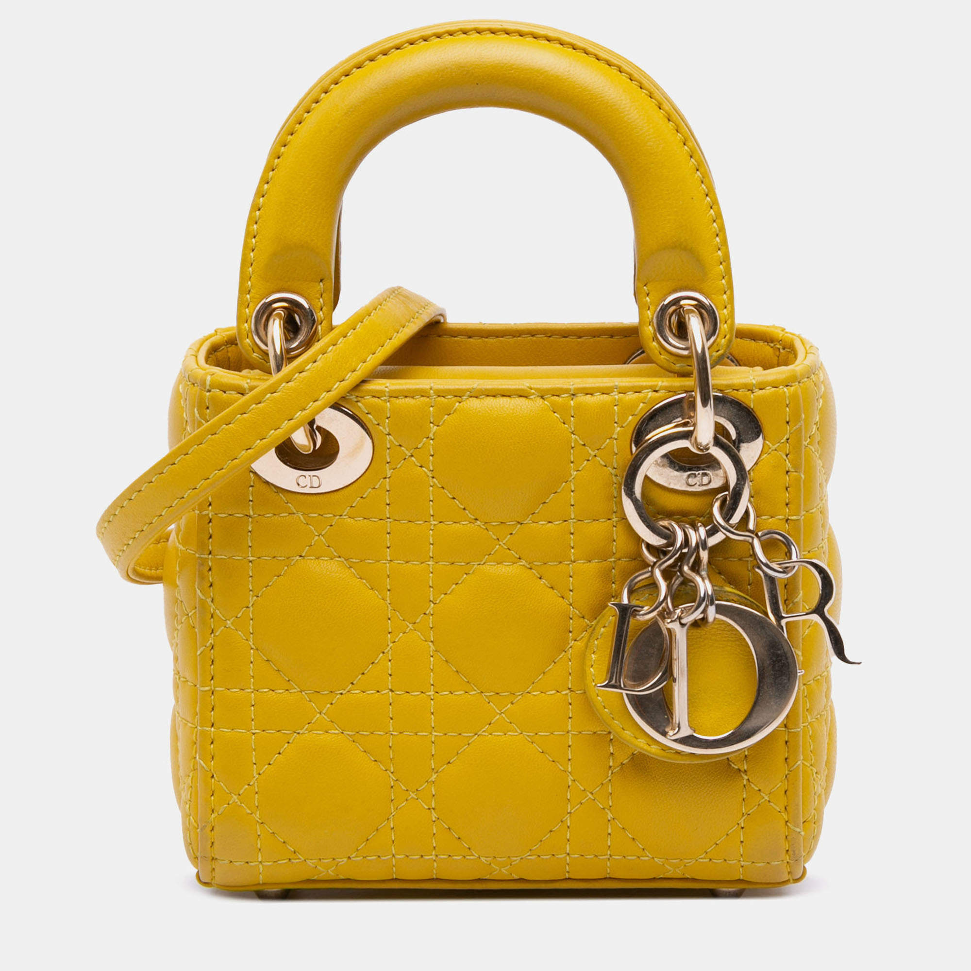 Pre Owned Dior Yellow Micro Lambskin Cannage Lady Dior