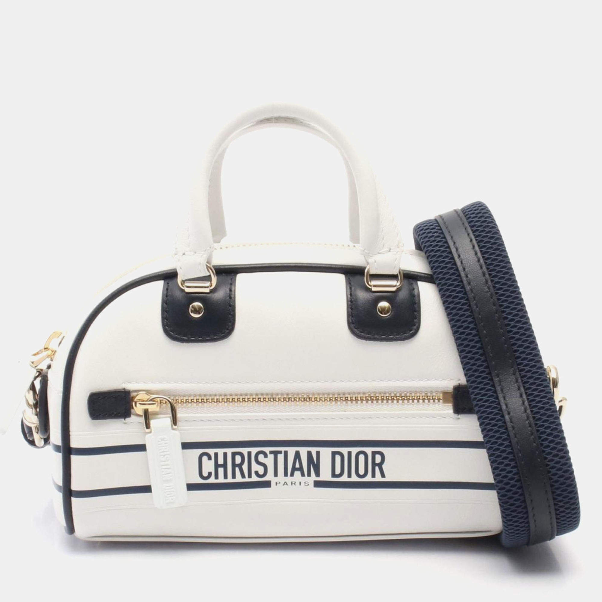 Pre Owned Christian Dior Vibe Mini White Navy Leather Handbag