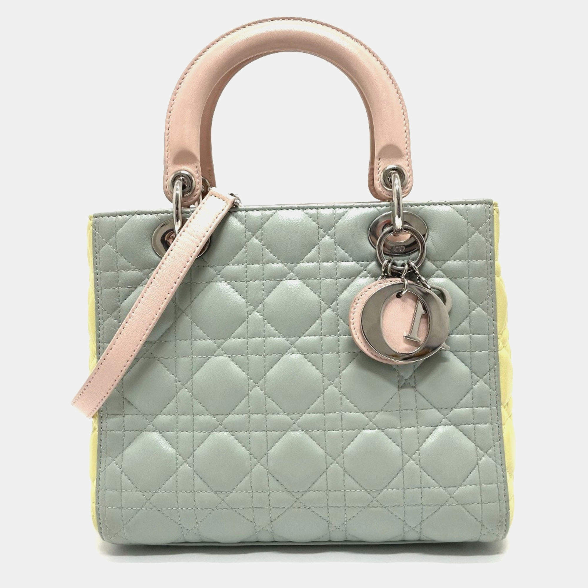 Pre Owned Christian Dior Lady Dior Cannage Blue/Yellow/Pink Leather Handbag