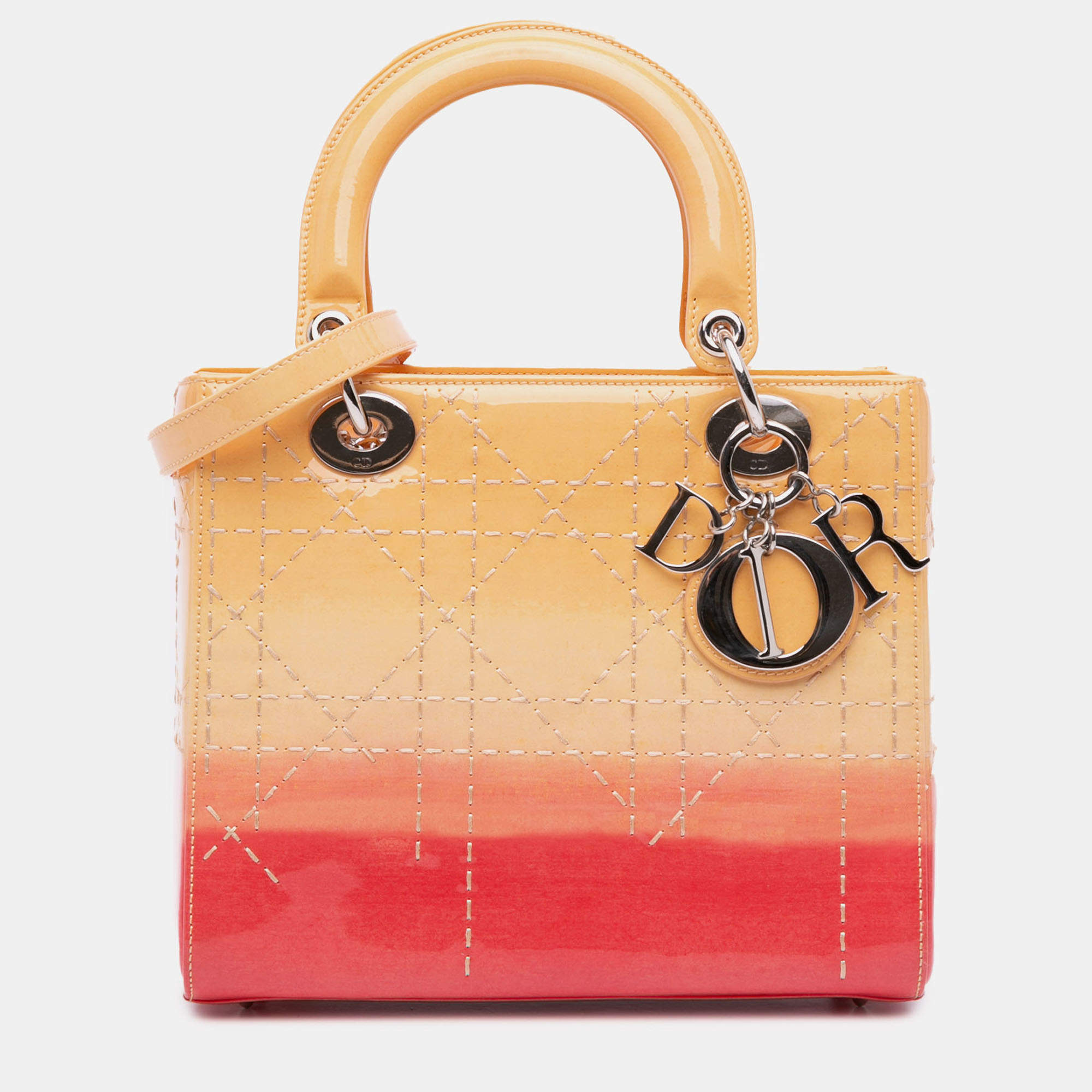 Pre Owned Dior Orange Medium Ombre Patent Cannage Lady Dior