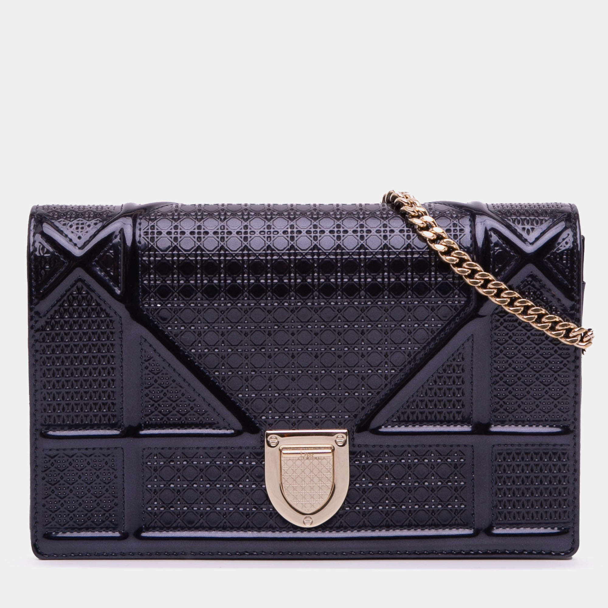 Pre Owned Dior Black Patent Microcannage Diorama Wallet on Chain
