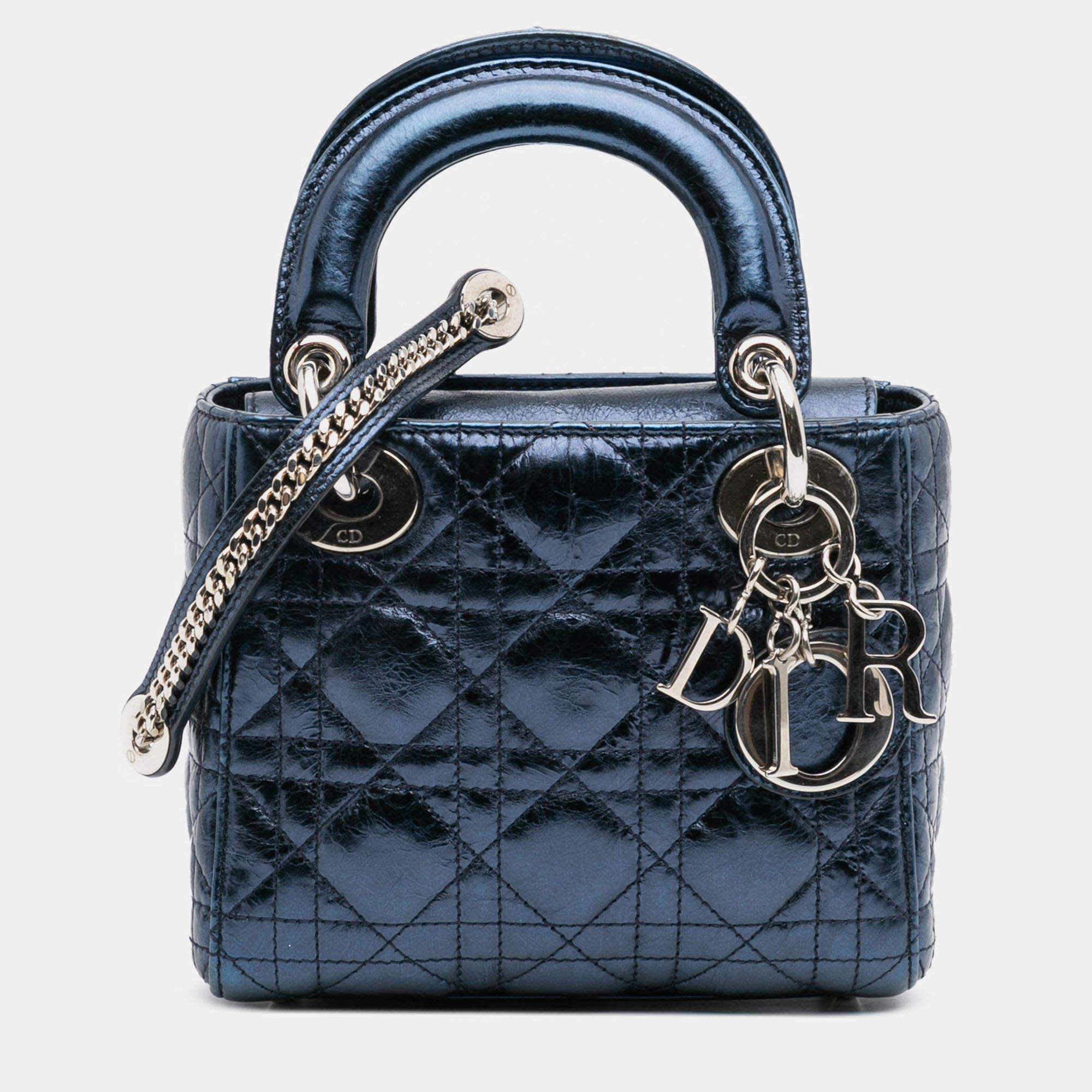 Pre Owned Dior Blue Mini Crinkled Calfskin Cannage Lady Dior