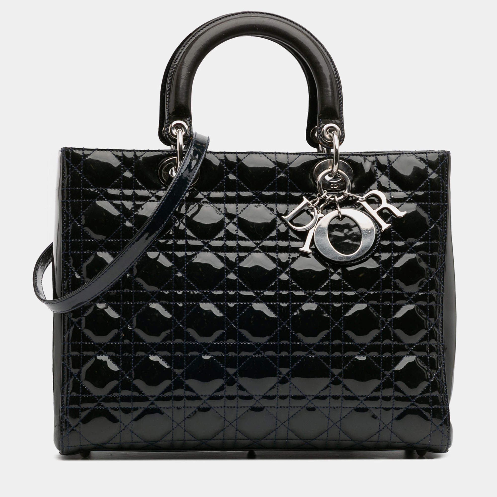 Pre Owned Dior Navy Blue Large Patent Cannage Lady Dior